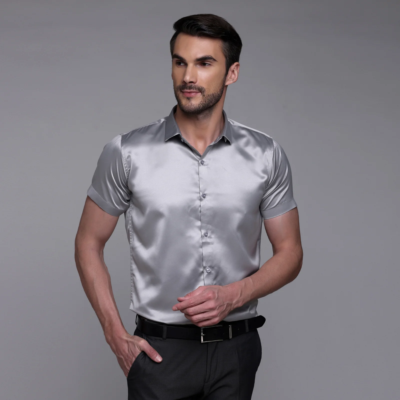 Men’s Satin Half Sleeve Formal Shirt – Premium Soft & Shiny Finish-Grey - Image 3