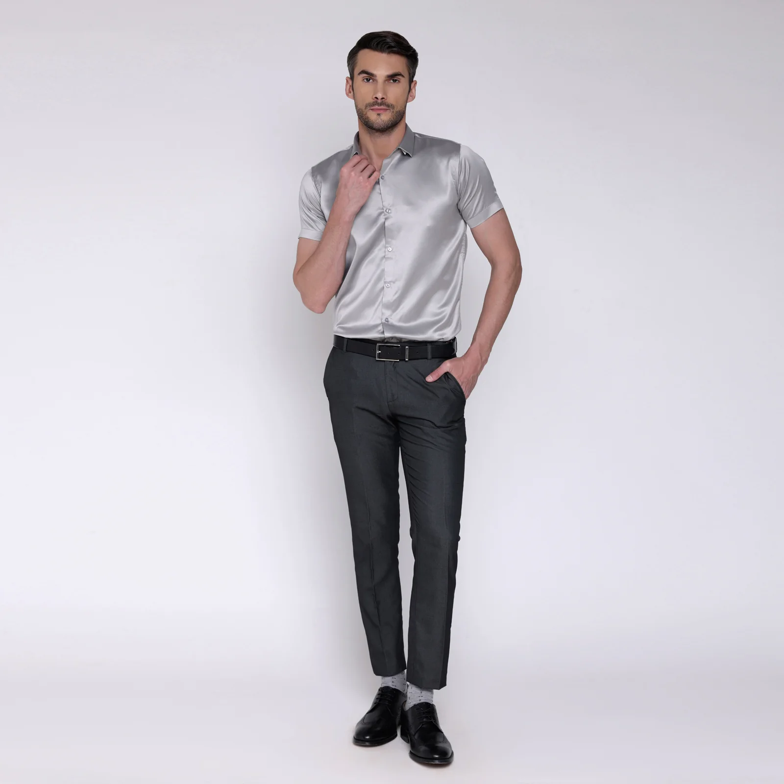 Men’s Satin Half Sleeve Formal Shirt – Premium Soft & Shiny Finish-Grey - Image 5