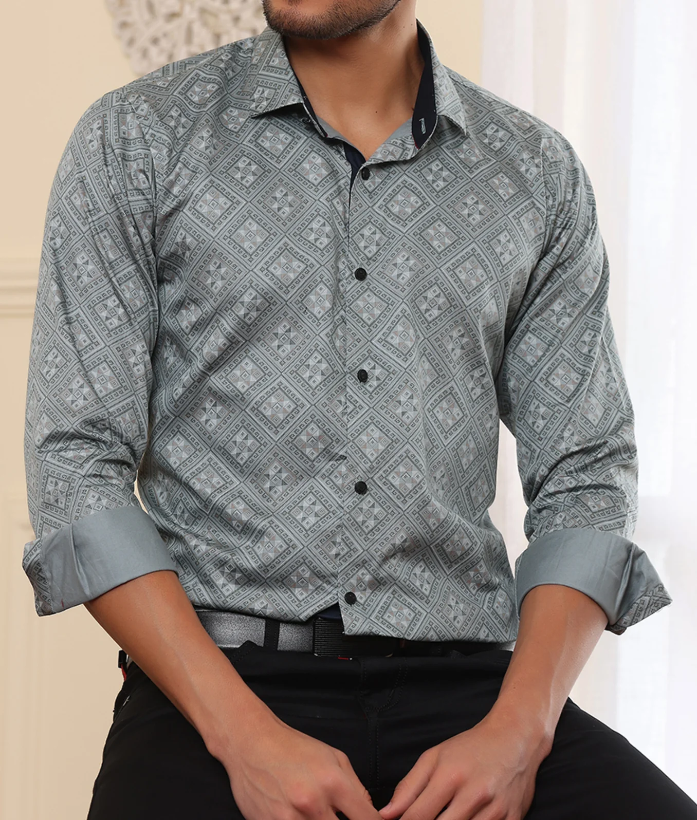 PRINTED SHIRTS | FORMAL & CASUAL SHIRTS FOR MEN | FILO HEVIS GEOMETRIC PRINTS SHIRT COLLECTION-Green - Image 3