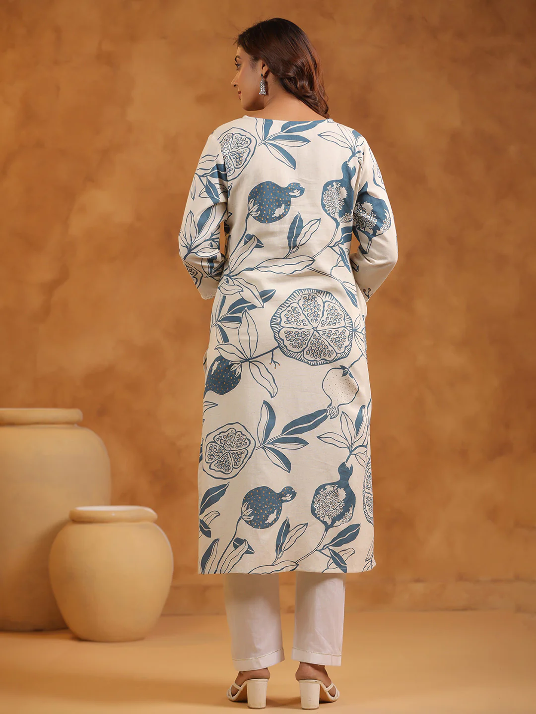 FLORAL PRINT COTTON V-NECK A-LINE LONG KURTI | WOMEN'S CASUAL WEAR | BLUE CREAM - Image 3