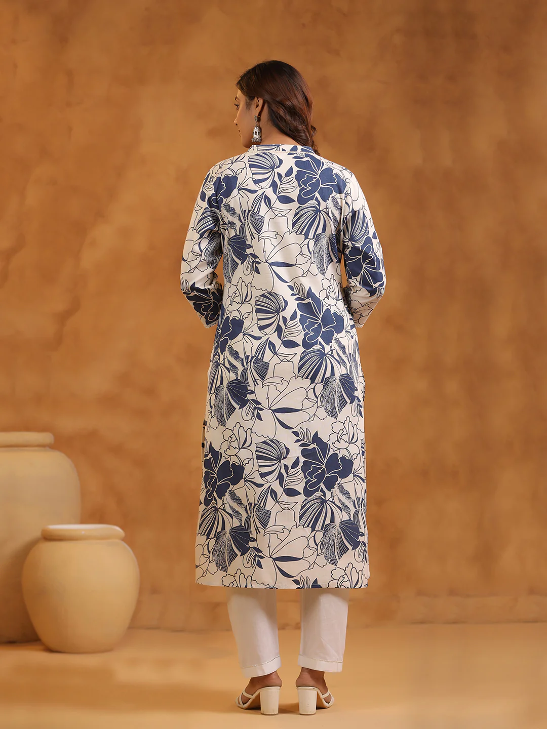 FLORAL PRINT COTTON V-NECK A-LINE LONG KURTI | WOMEN'S CASUAL WEAR | BLUE & CREAM - Image 3