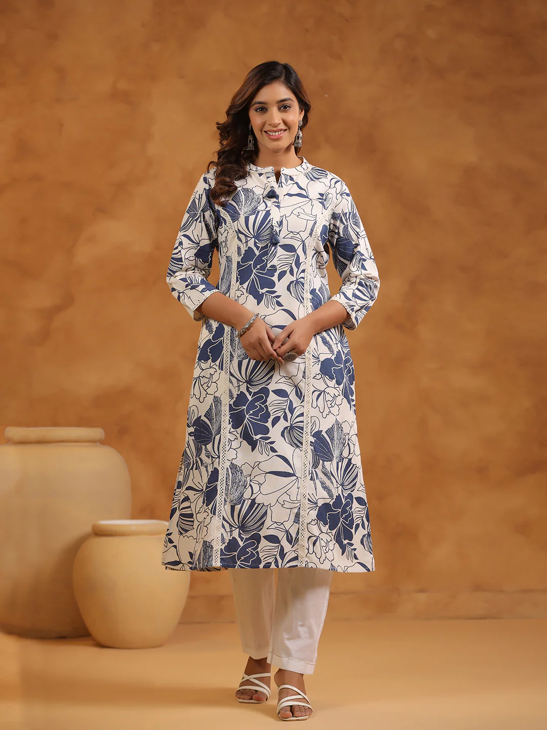 FLORAL PRINT COTTON V-NECK A-LINE LONG KURTI | WOMEN'S CASUAL WEAR | BLUE & CREAM - Image 6