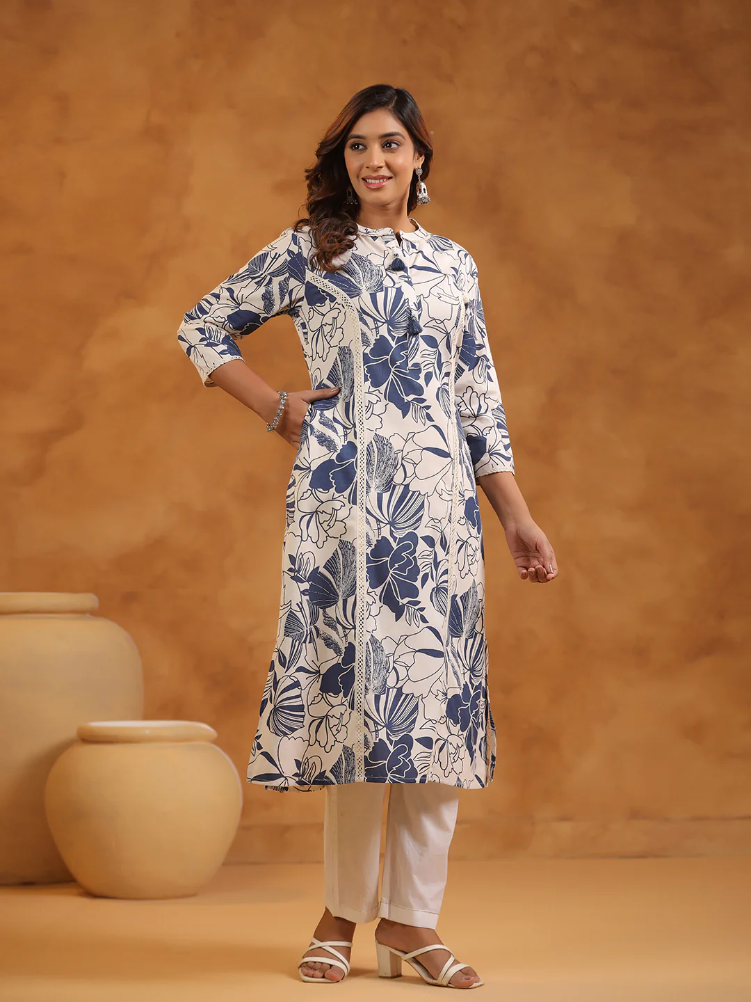 FLORAL PRINT COTTON V-NECK A-LINE LONG KURTI | WOMEN'S CASUAL WEAR | BLUE & CREAM - Image 7