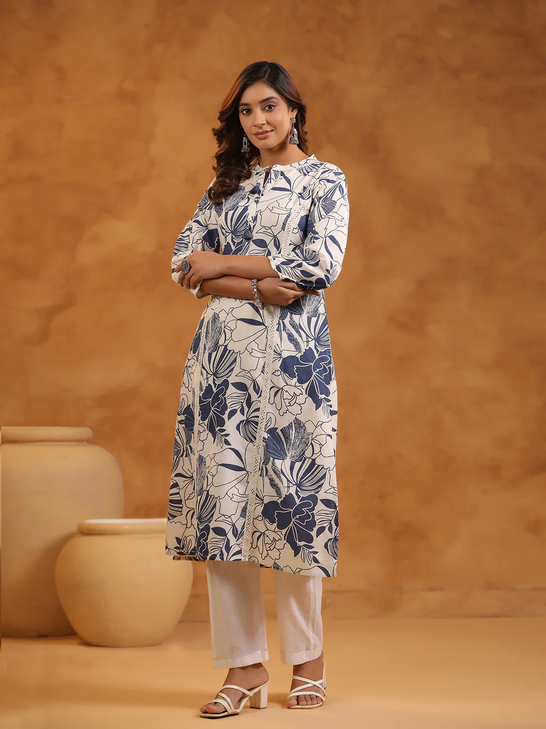 FLORAL PRINT COTTON V-NECK A-LINE LONG KURTI | WOMEN'S CASUAL WEAR | BLUE & CREAM - Image 8