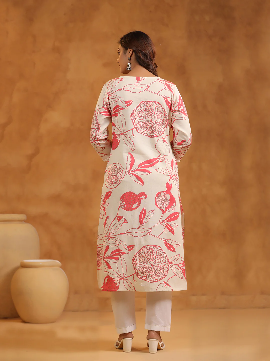 FLORAL PRINT COTTON V-NECK A-LINE LONG KURTI | WOMEN'S CASUAL WEAR | CREAM PEACH - Image 3