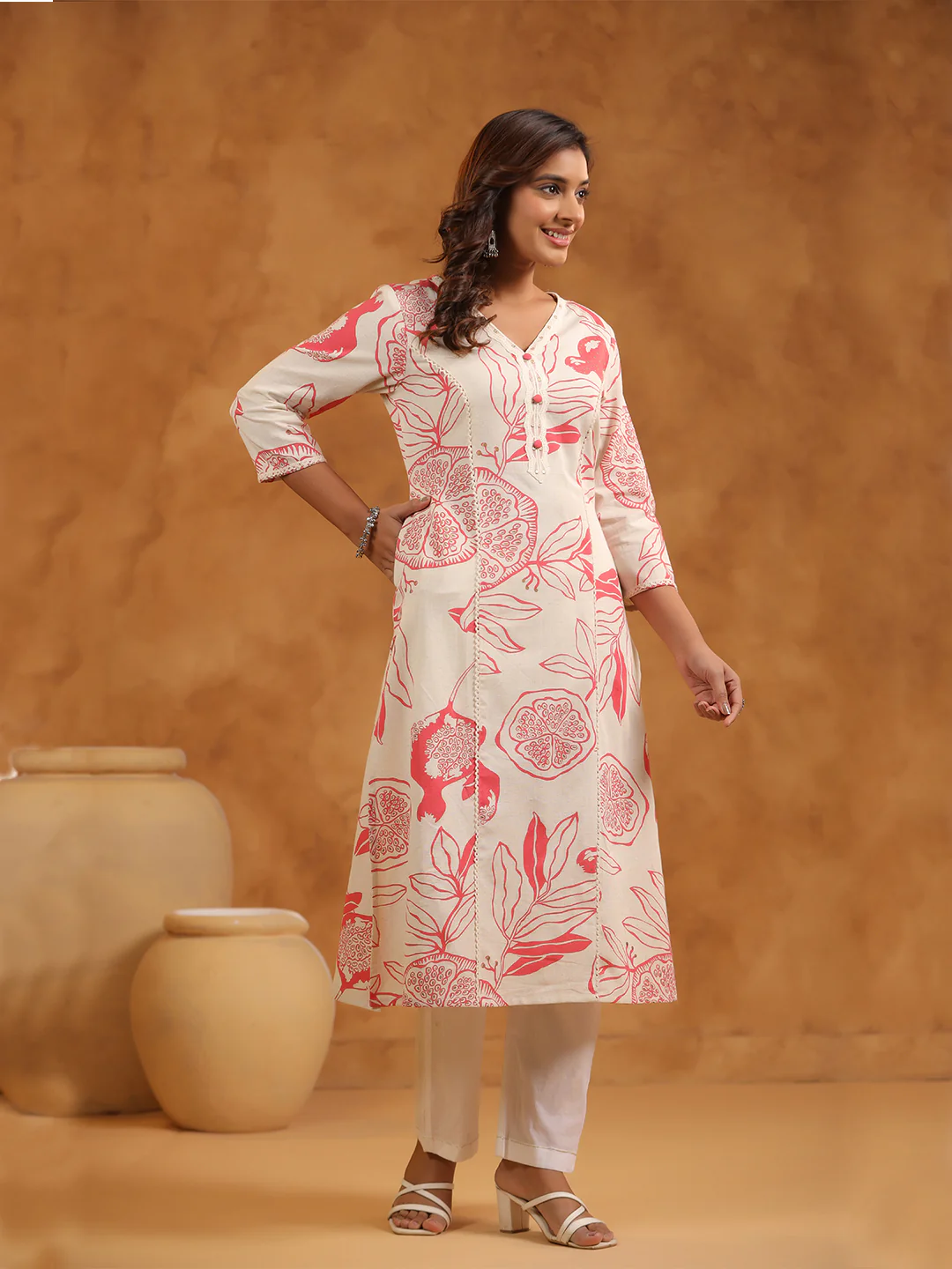 FLORAL PRINT COTTON V-NECK A-LINE LONG KURTI | WOMEN'S CASUAL WEAR | CREAM PEACH - Image 6