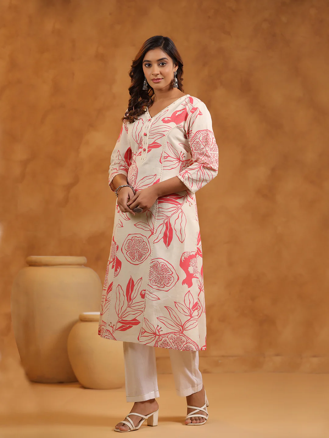 FLORAL PRINT COTTON V-NECK A-LINE LONG KURTI | WOMEN'S CASUAL WEAR | CREAM PEACH - Image 7