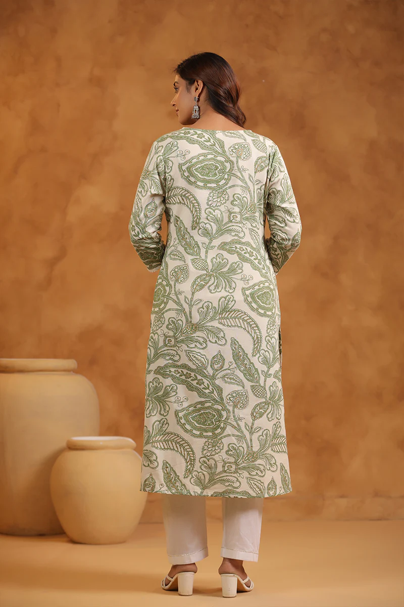 FLORAL PRINT COTTON V-NECK A-LINE LONG KURTI | WOMEN'S CASUAL WEAR | GREEN & CREAM - Image 3