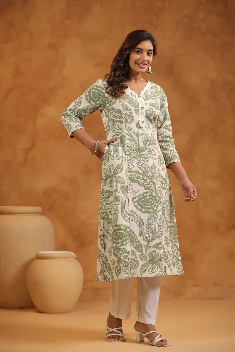 FLORAL PRINT COTTON V-NECK A-LINE LONG KURTI | WOMEN'S CASUAL WEAR | GREEN & CREAM - Image 6
