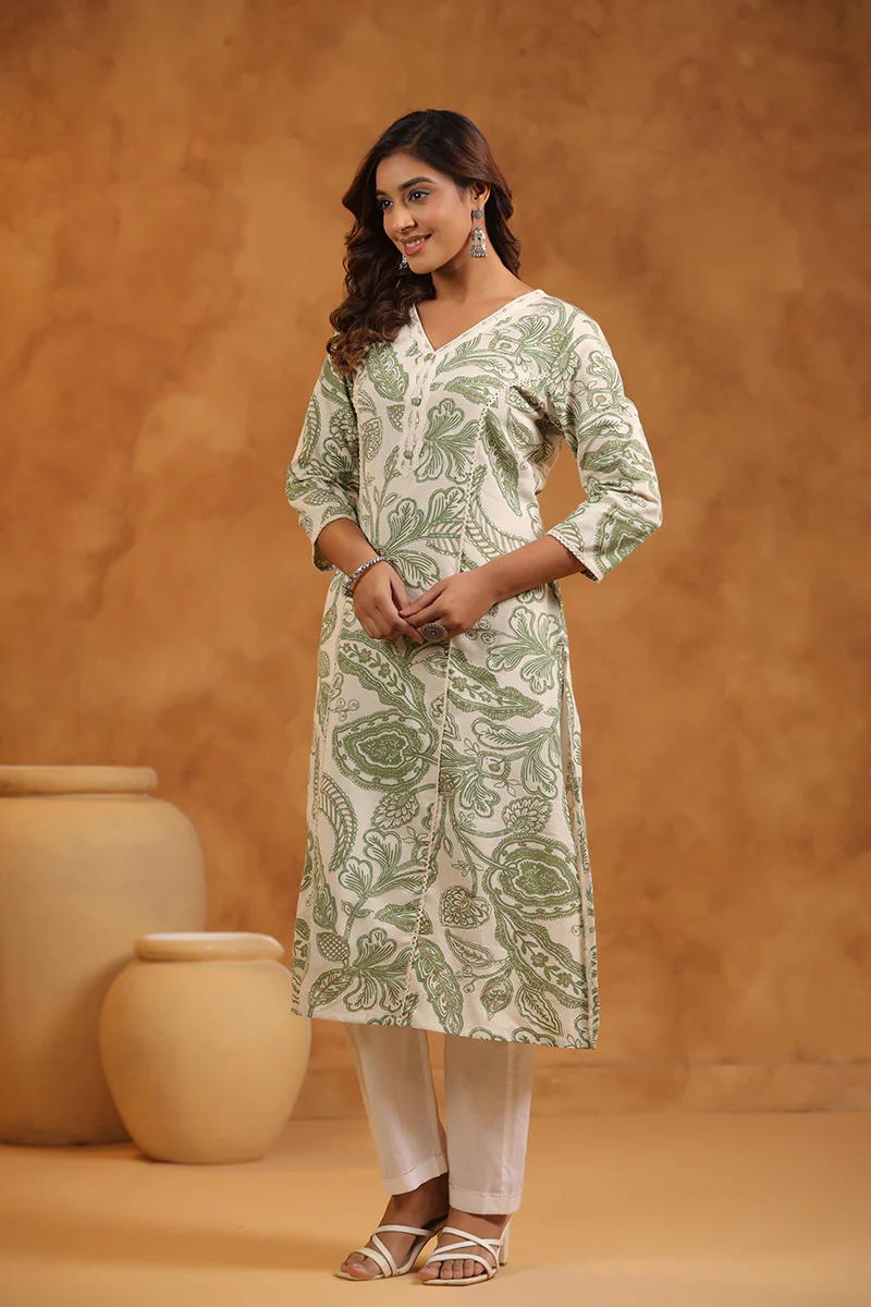 FLORAL PRINT COTTON V-NECK A-LINE LONG KURTI | WOMEN'S CASUAL WEAR | GREEN & CREAM - Image 7