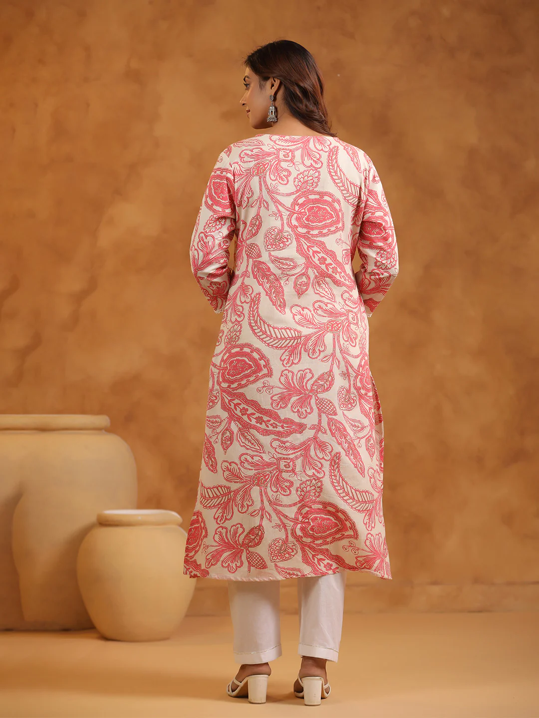 FLORAL PRINT COTTON V-NECK A-LINE LONG KURTI | WOMEN'S CASUAL WEAR | PINK & CREAM - Image 3