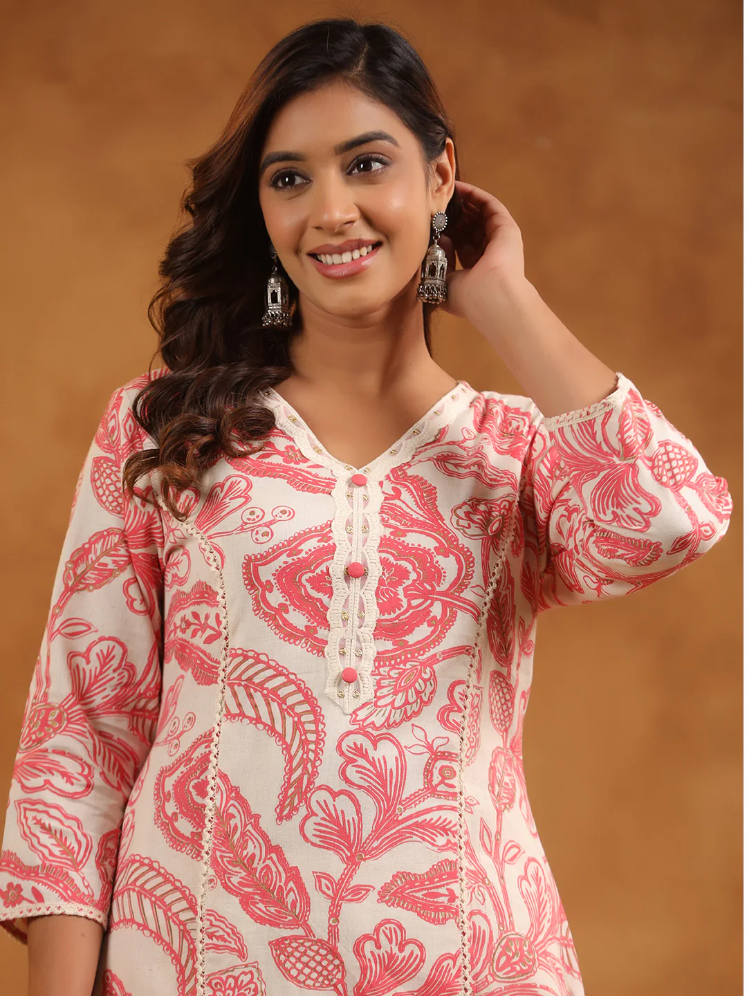 FLORAL PRINT COTTON V-NECK A-LINE LONG KURTI | WOMEN'S CASUAL WEAR | PINK & CREAM - Image 4