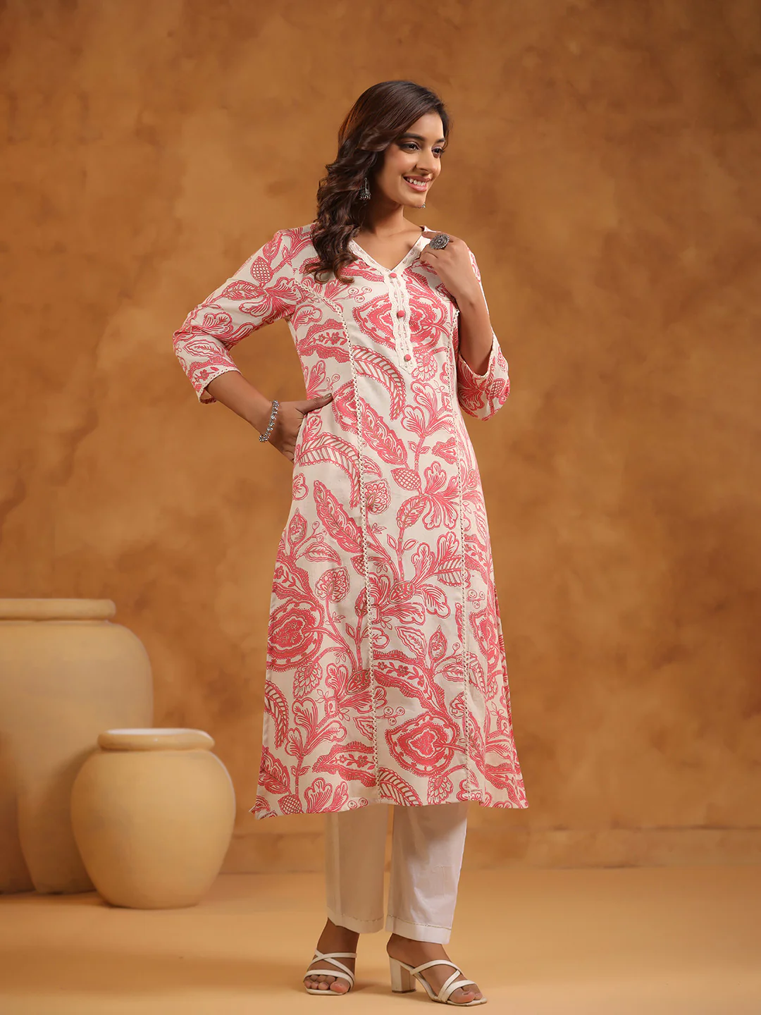 FLORAL PRINT COTTON V-NECK A-LINE LONG KURTI | WOMEN'S CASUAL WEAR | PINK & CREAM - Image 6