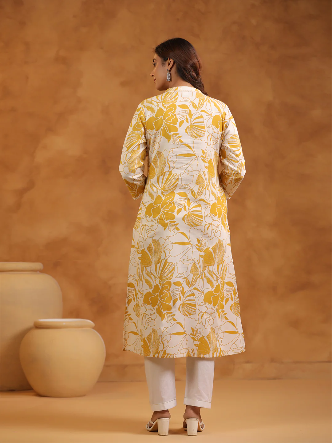FLORAL PRINT COTTON V-NECK A-LINE LONG KURTI | WOMEN'S CASUAL WEAR | YELLOW & CREAM - Image 3