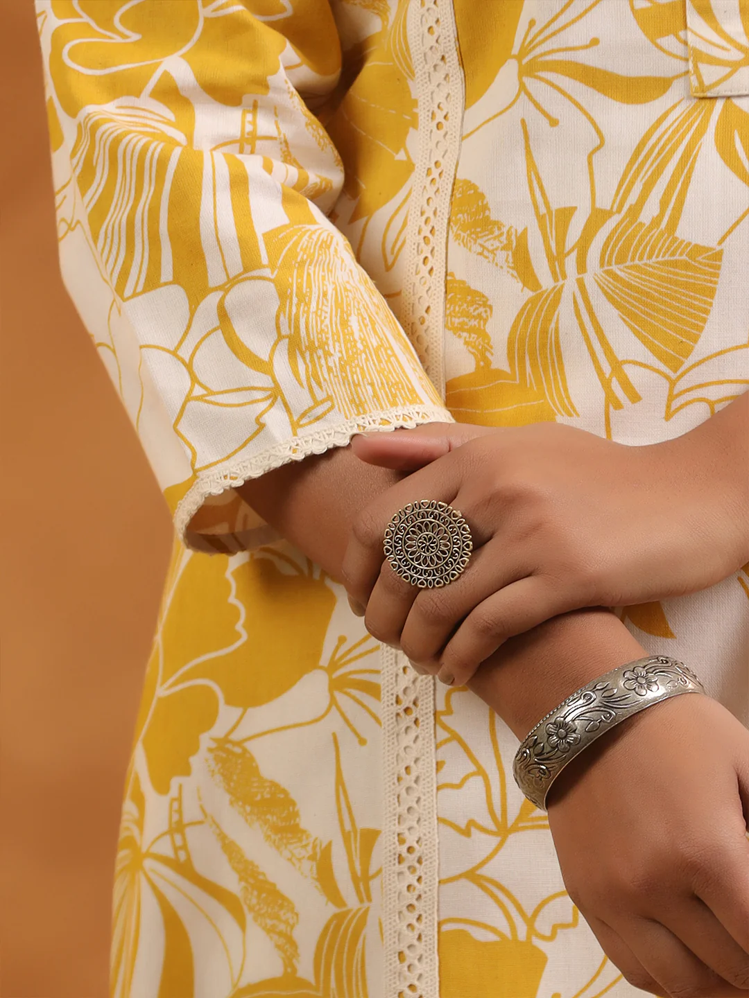 FLORAL PRINT COTTON V-NECK A-LINE LONG KURTI | WOMEN'S CASUAL WEAR | YELLOW & CREAM - Image 5