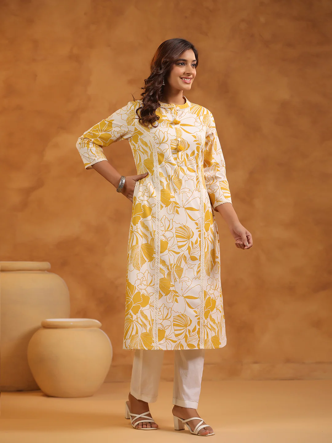 FLORAL PRINT COTTON V-NECK A-LINE LONG KURTI | WOMEN'S CASUAL WEAR | YELLOW & CREAM - Image 6