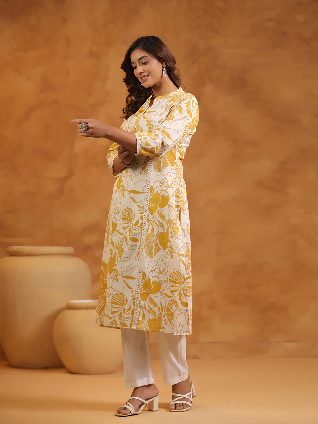 FLORAL PRINT COTTON V-NECK A-LINE LONG KURTI | WOMEN'S CASUAL WEAR | YELLOW & CREAM - Image 7