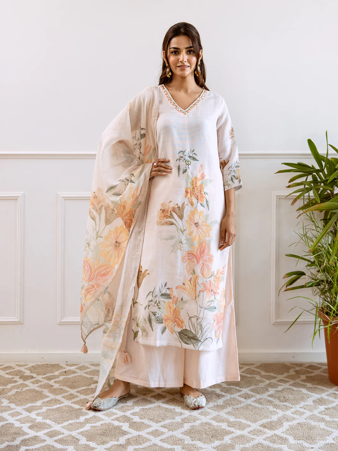 FLORAL PRINTED LINEN STRAIGHT KURTA SET WITH DUPATTA | THREE-PIECE ETHNIC WEAR FOR WOMEN | PLUS SIZE AVAILABLE-Cream - Image 7
