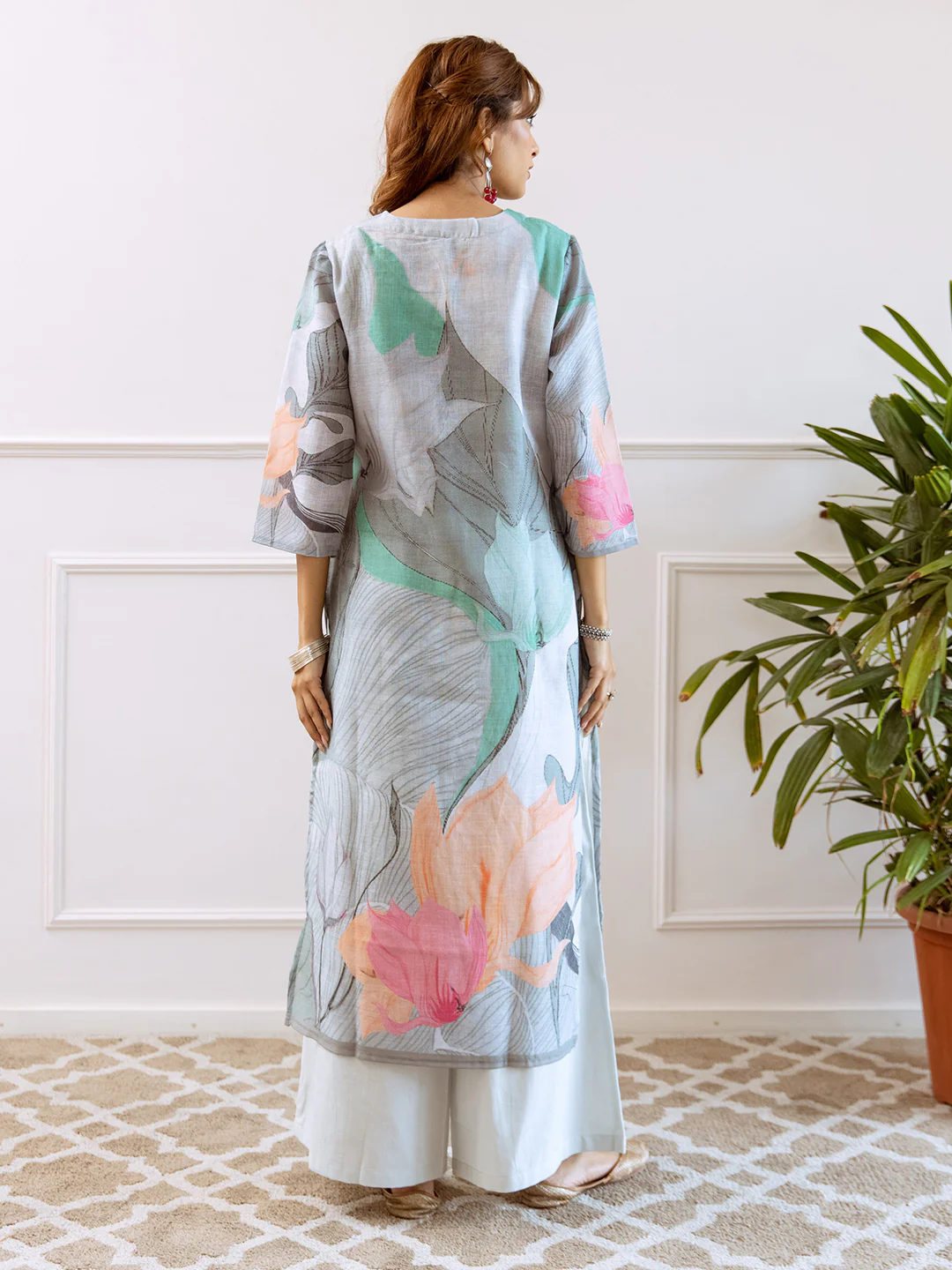 FLORAL PRINTED LINEN STRAIGHT KURTA SET WITH DUPATTA | THREE-PIECE ETHNIC WEAR FOR WOMEN | PLUS SIZE AVAILABLE-Grey Green - Image 3