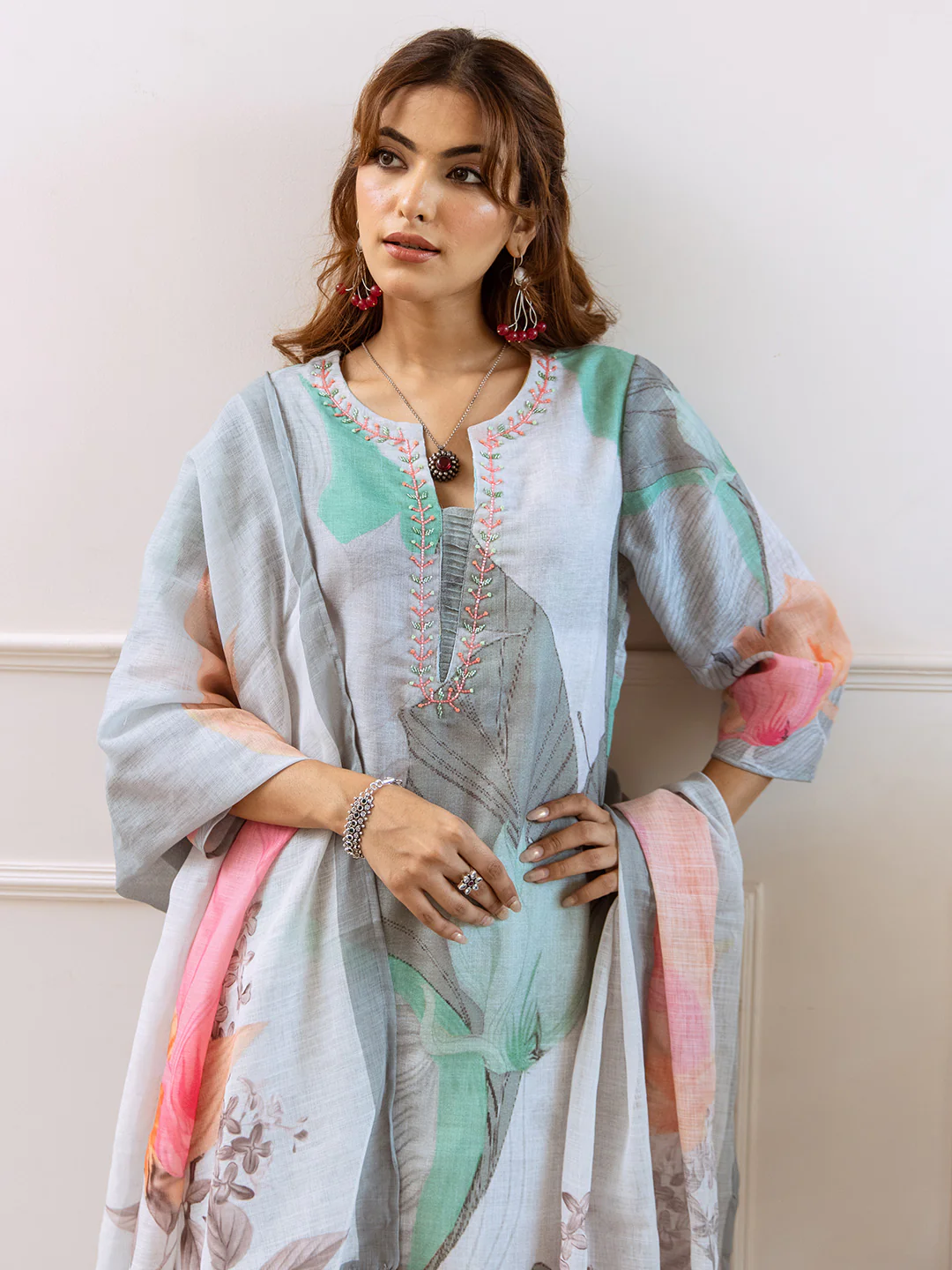 FLORAL PRINTED LINEN STRAIGHT KURTA SET WITH DUPATTA | THREE-PIECE ETHNIC WEAR FOR WOMEN | PLUS SIZE AVAILABLE-Grey Green - Image 4