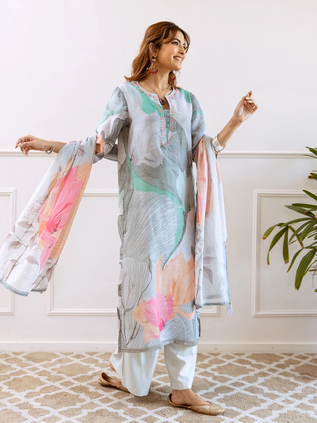 FLORAL PRINTED LINEN STRAIGHT KURTA SET WITH DUPATTA | THREE-PIECE ETHNIC WEAR FOR WOMEN | PLUS SIZE AVAILABLE-Grey Green - Image 5