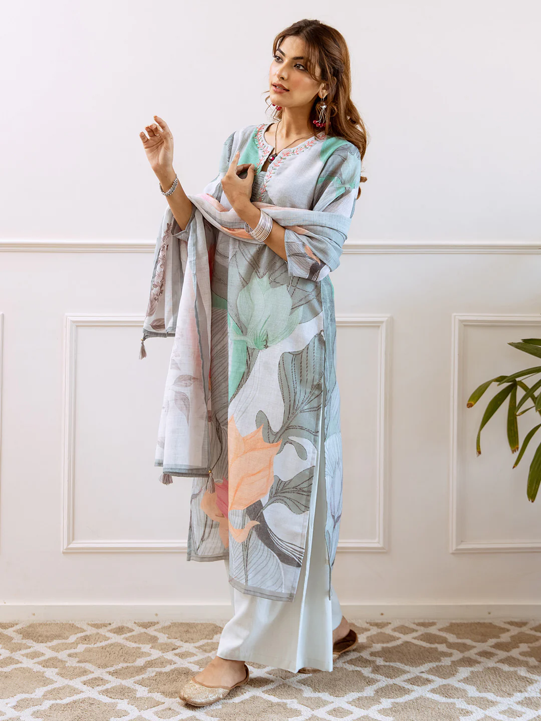 FLORAL PRINTED LINEN STRAIGHT KURTA SET WITH DUPATTA | THREE-PIECE ETHNIC WEAR FOR WOMEN | PLUS SIZE AVAILABLE-Grey Green - Image 6