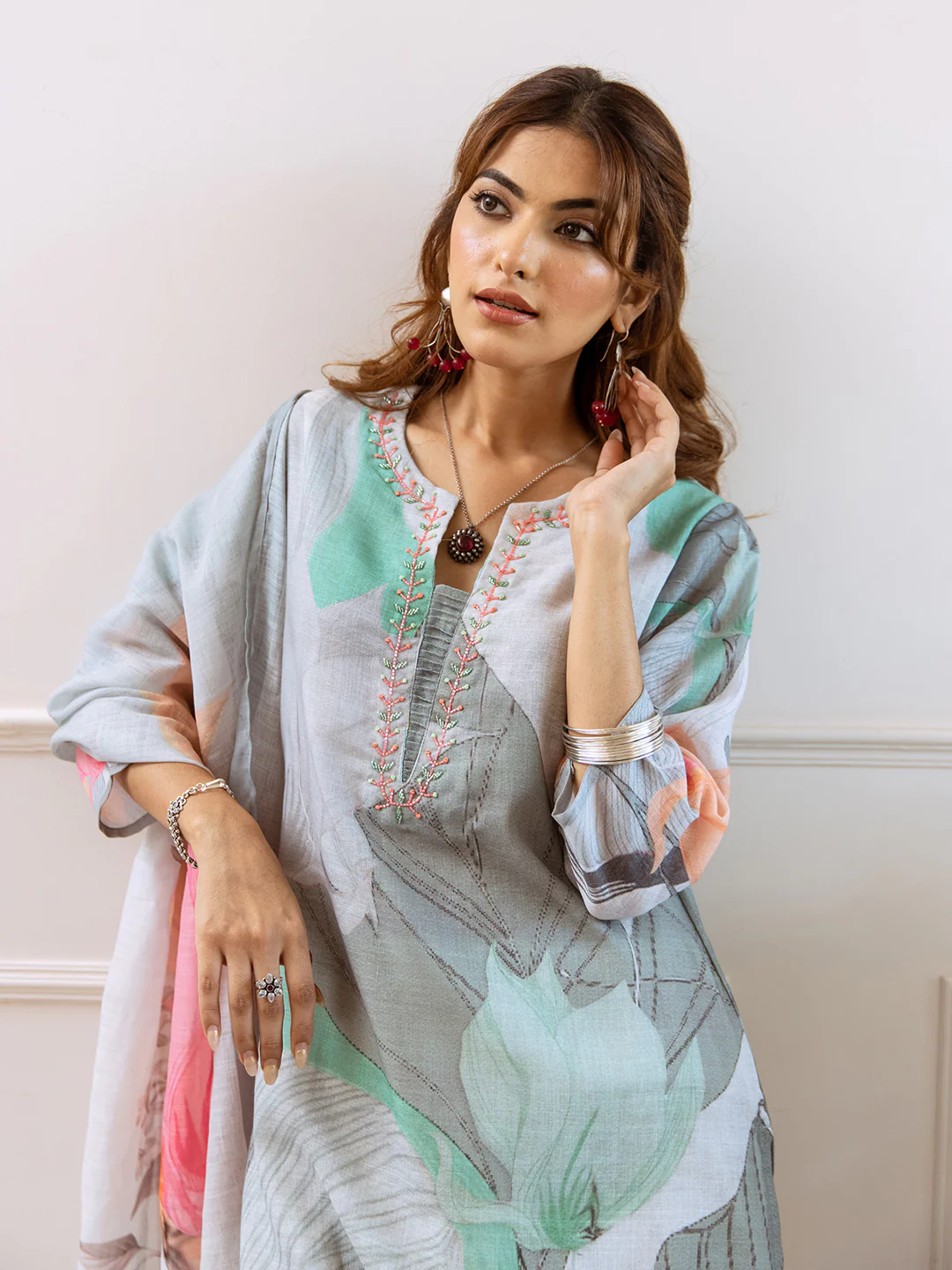 FLORAL PRINTED LINEN STRAIGHT KURTA SET WITH DUPATTA | THREE-PIECE ETHNIC WEAR FOR WOMEN | PLUS SIZE AVAILABLE-Grey Green - Image 7