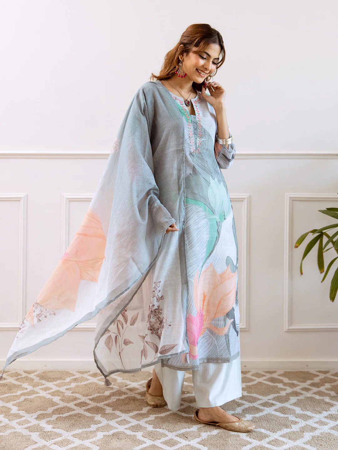 FLORAL PRINTED LINEN STRAIGHT KURTA SET WITH DUPATTA | THREE-PIECE ETHNIC WEAR FOR WOMEN | PLUS SIZE AVAILABLE-Grey Green - Image 8