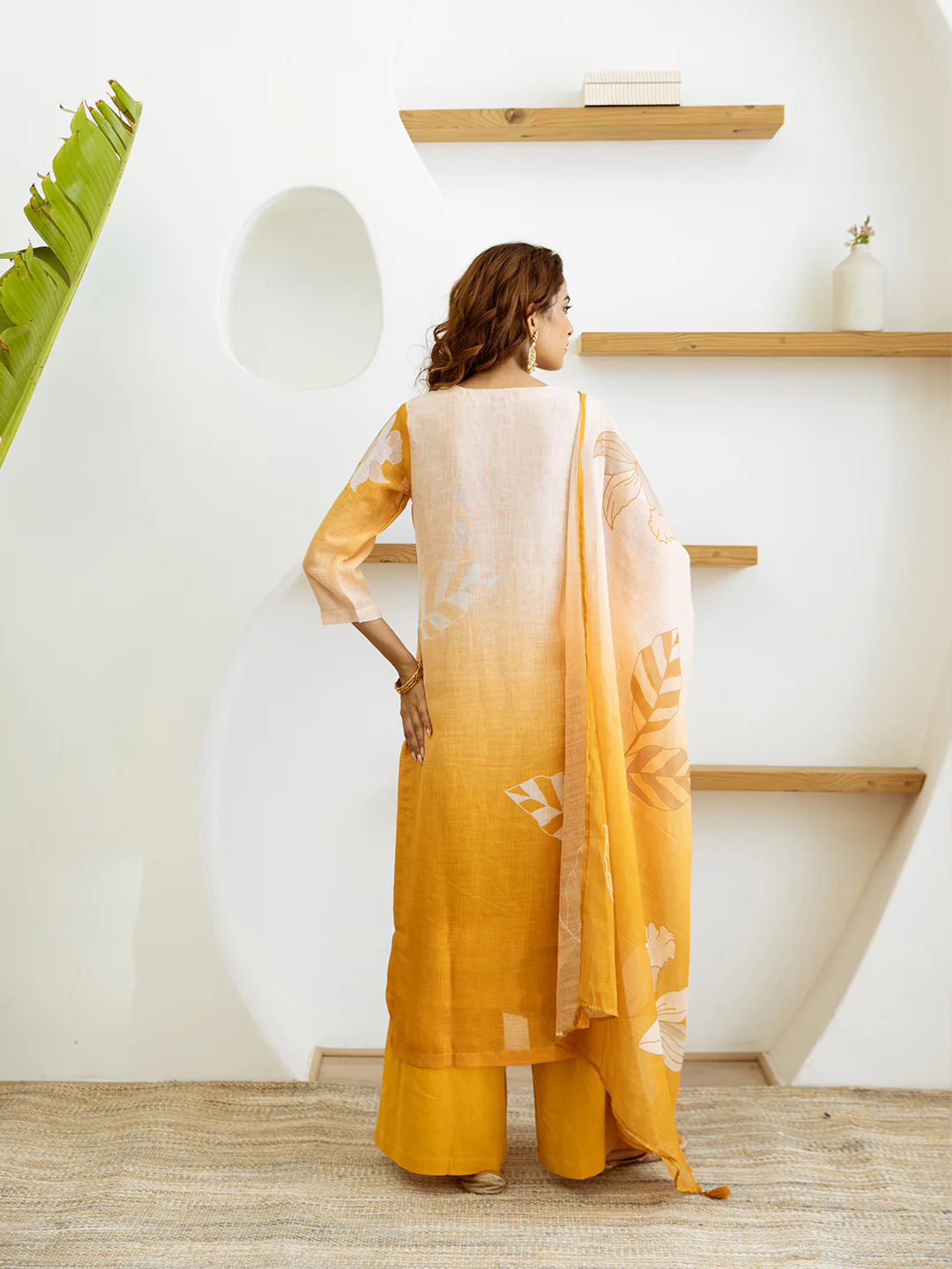 FLORAL PRINTED LINEN STRAIGHT KURTA SET WITH DUPATTA | THREE-PIECE ETHNIC WEAR FOR WOMEN | PLUS SIZE AVAILABLE-Yellow - Image 3