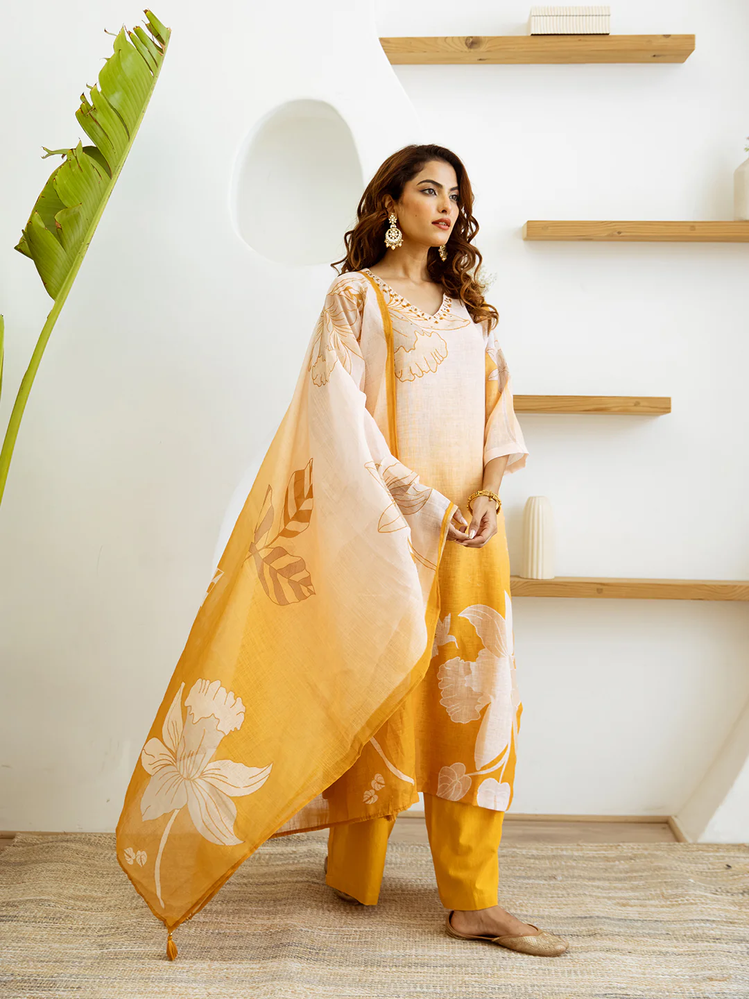 FLORAL PRINTED LINEN STRAIGHT KURTA SET WITH DUPATTA | THREE-PIECE ETHNIC WEAR FOR WOMEN | PLUS SIZE AVAILABLE-Yellow - Image 5
