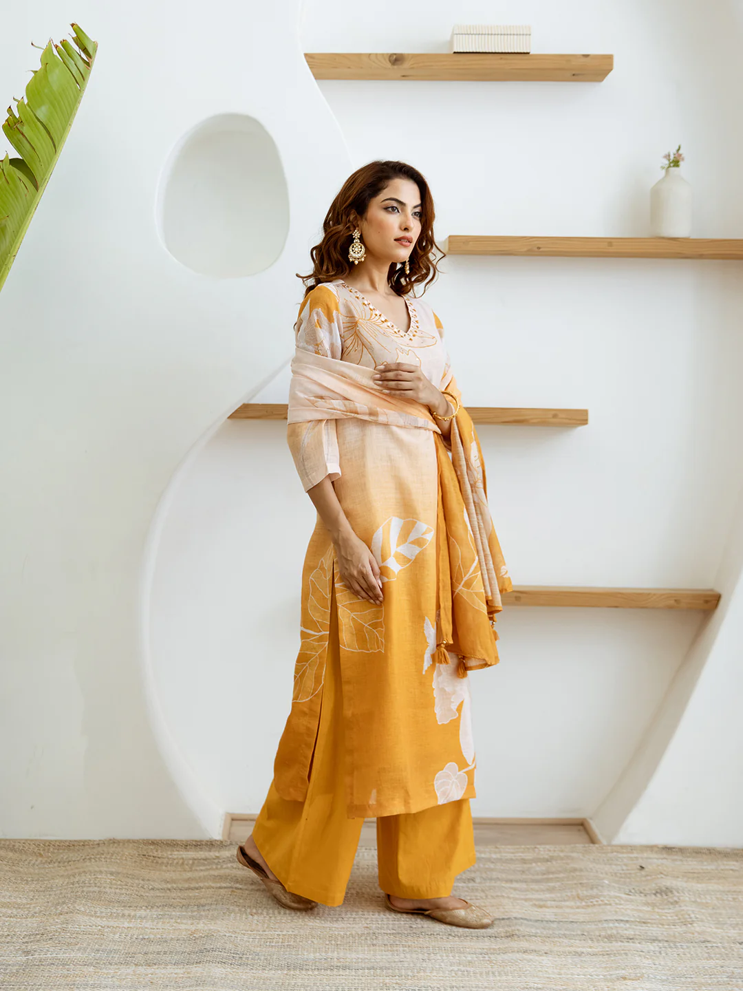 FLORAL PRINTED LINEN STRAIGHT KURTA SET WITH DUPATTA | THREE-PIECE ETHNIC WEAR FOR WOMEN | PLUS SIZE AVAILABLE-Yellow - Image 6