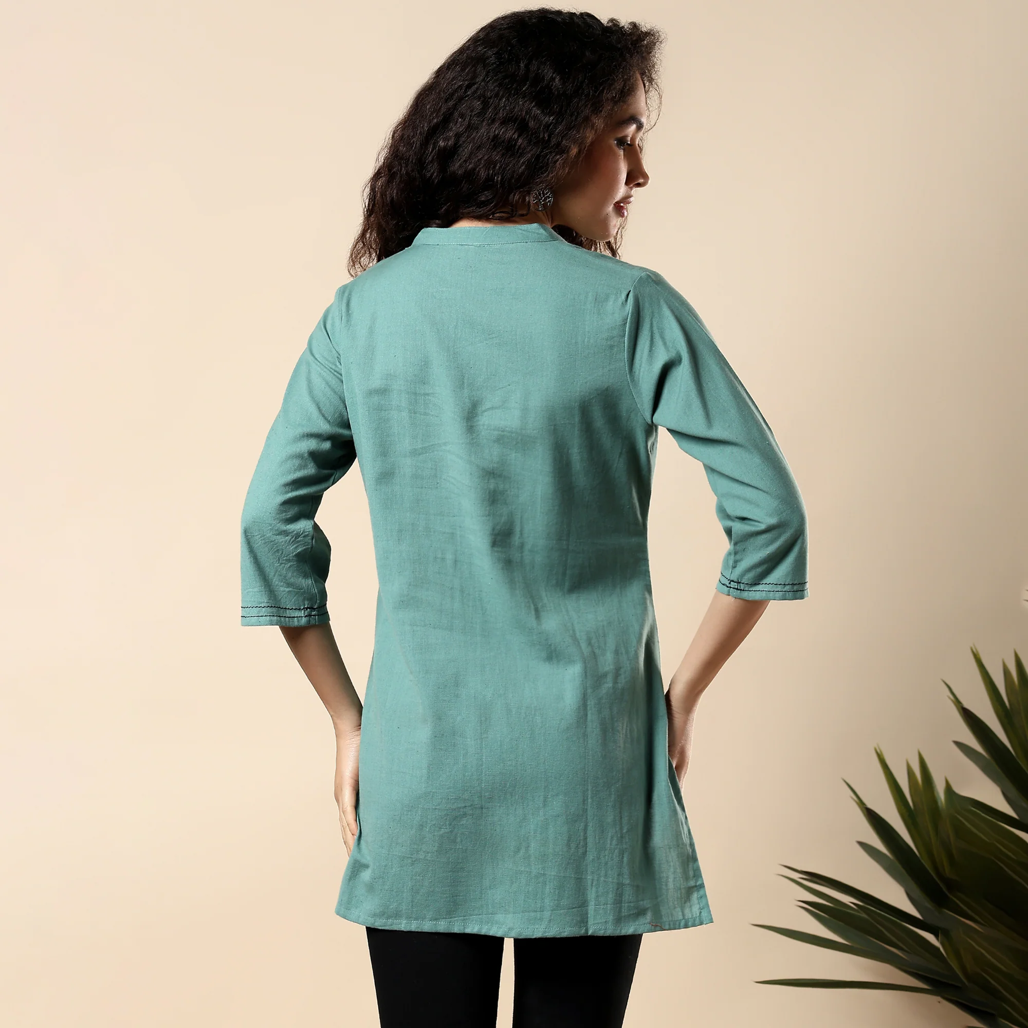 GORGEOUS GREEN FLORAL EMBROIDERED WOMEN KURTI | COTTON SHORT TUNIC FOR EVERYDAY WEAR - Image 3