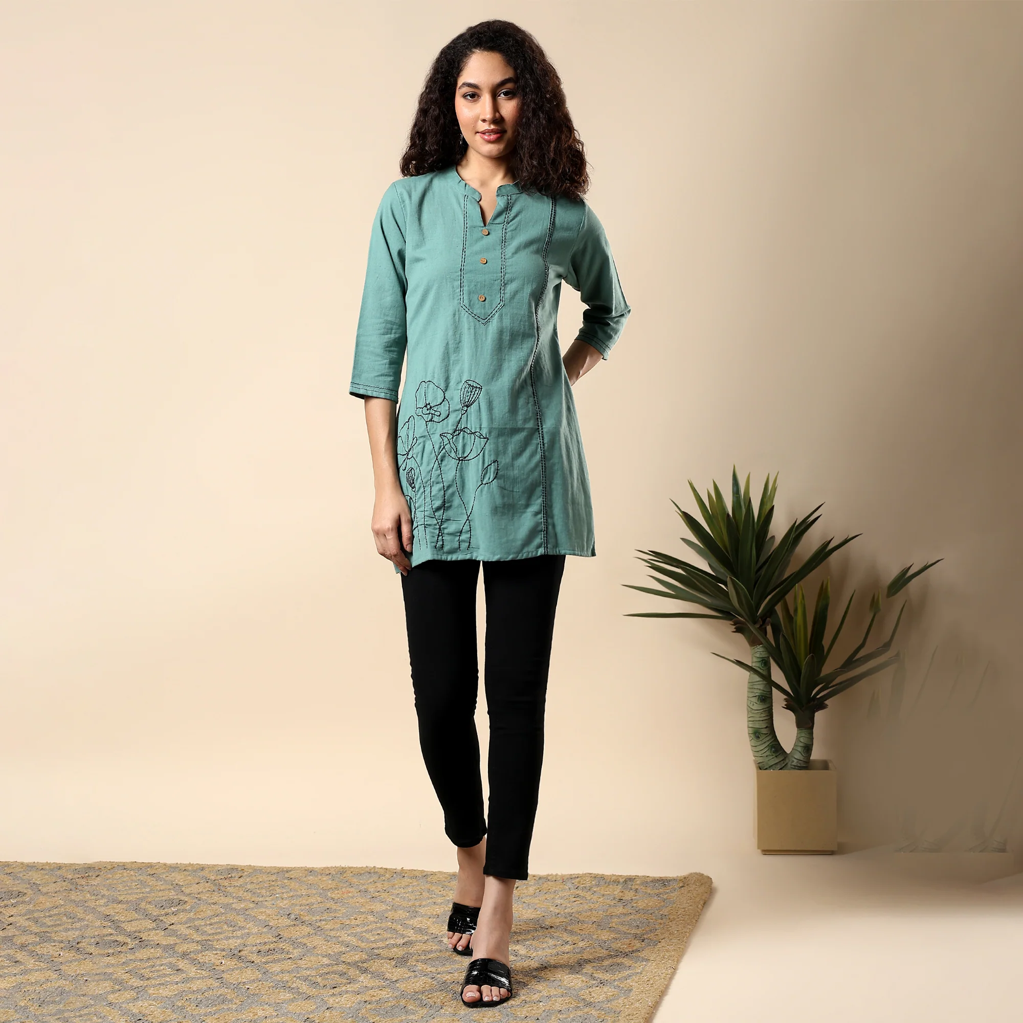 GORGEOUS GREEN FLORAL EMBROIDERED WOMEN KURTI | COTTON SHORT TUNIC FOR EVERYDAY WEAR - Image 4