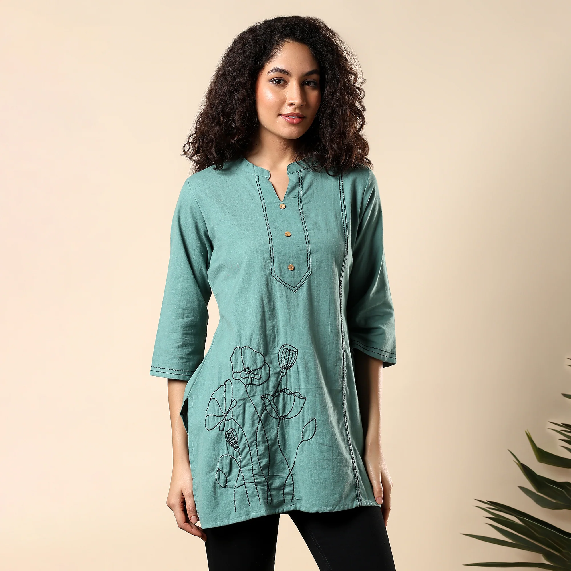 GORGEOUS GREEN FLORAL EMBROIDERED WOMEN KURTI | COTTON SHORT TUNIC FOR EVERYDAY WEAR - Image 5
