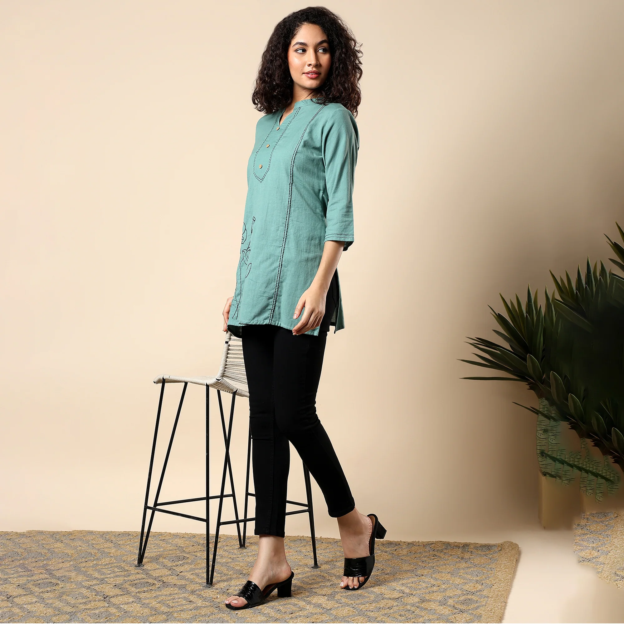 GORGEOUS GREEN FLORAL EMBROIDERED WOMEN KURTI | COTTON SHORT TUNIC FOR EVERYDAY WEAR - Image 6