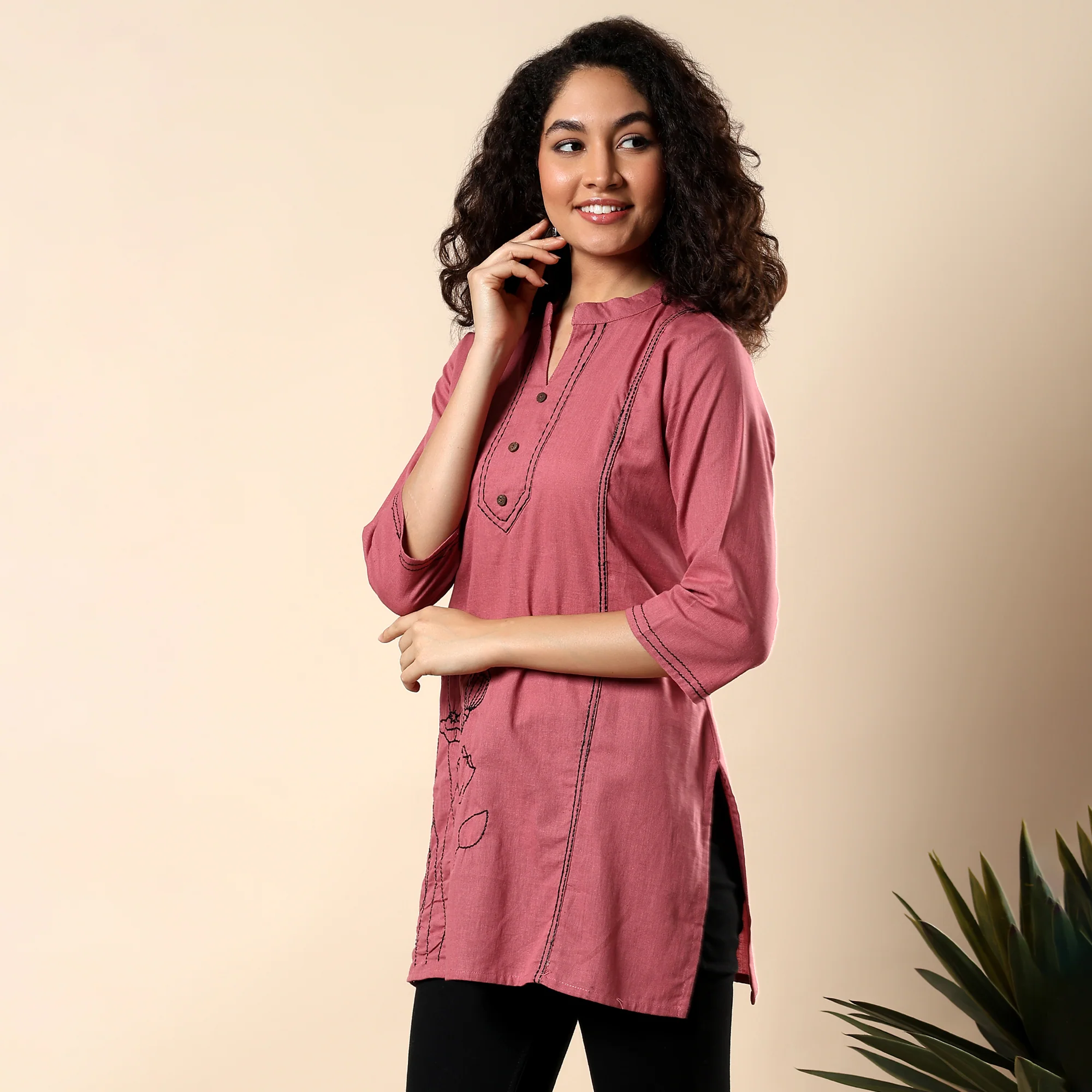 GORGEOUS PINK FLORAL EMBROIDERED WOMEN KURTI | COTTON SHORT TUNIC FOR EVERYDAY WEAR - Image 4