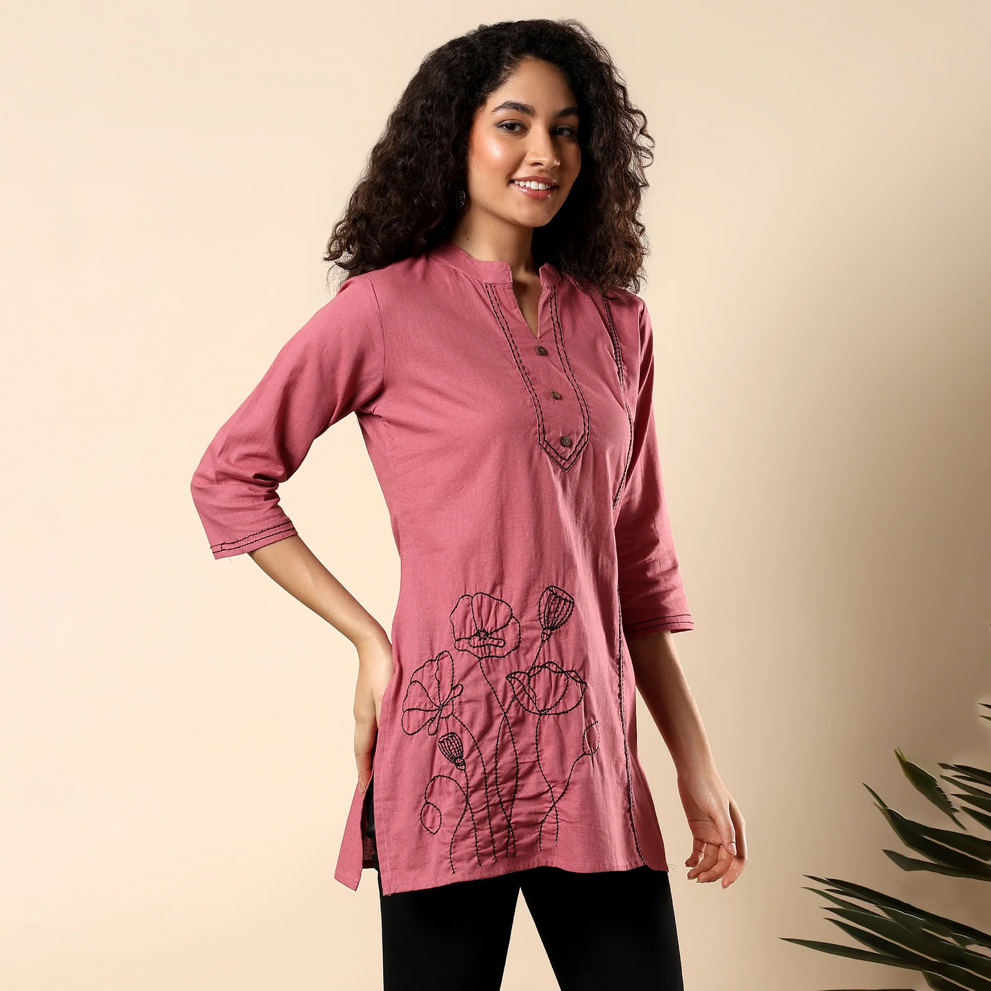 GORGEOUS PINK FLORAL EMBROIDERED WOMEN KURTI | COTTON SHORT TUNIC FOR EVERYDAY WEAR - Image 5