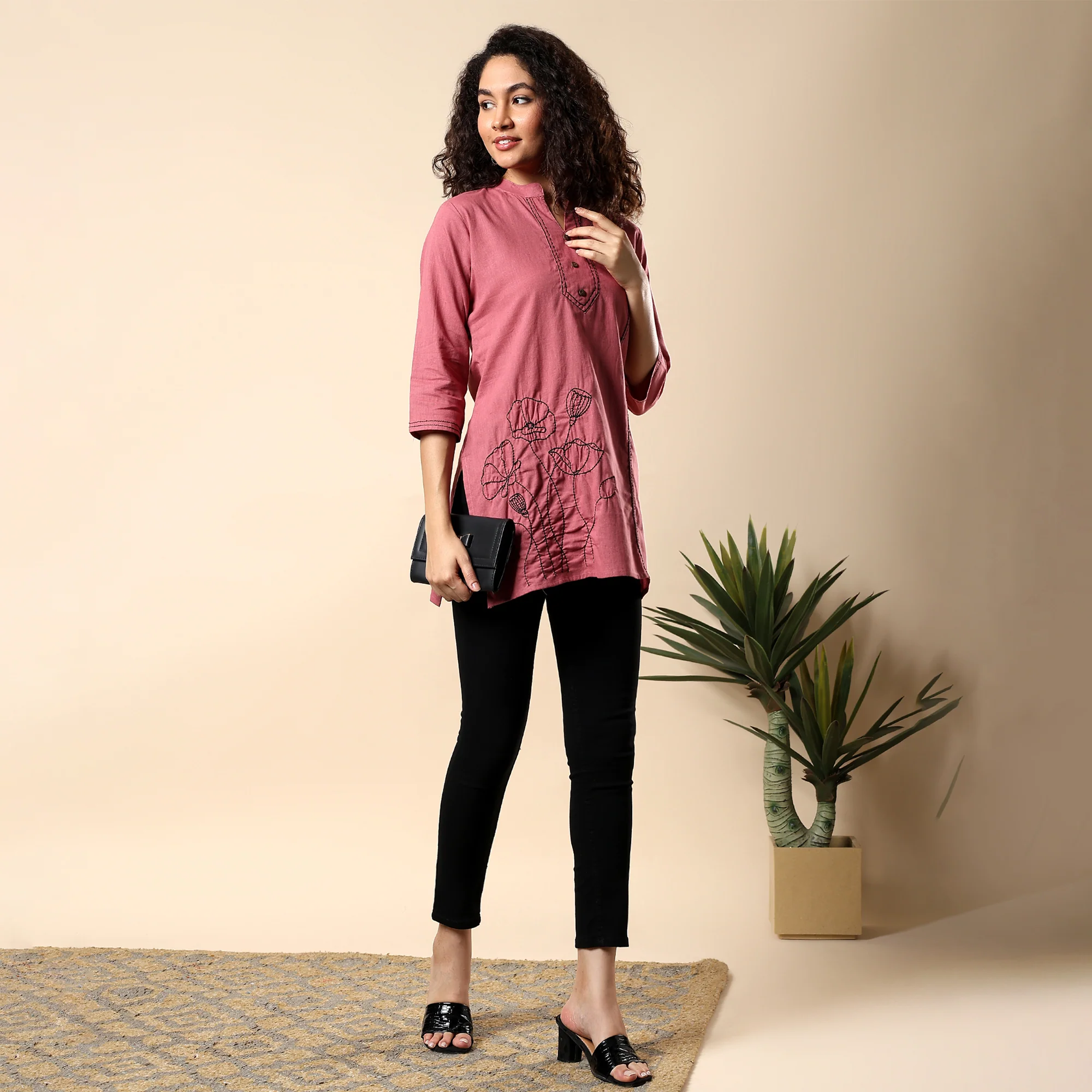 GORGEOUS PINK FLORAL EMBROIDERED WOMEN KURTI | COTTON SHORT TUNIC FOR EVERYDAY WEAR - Image 6