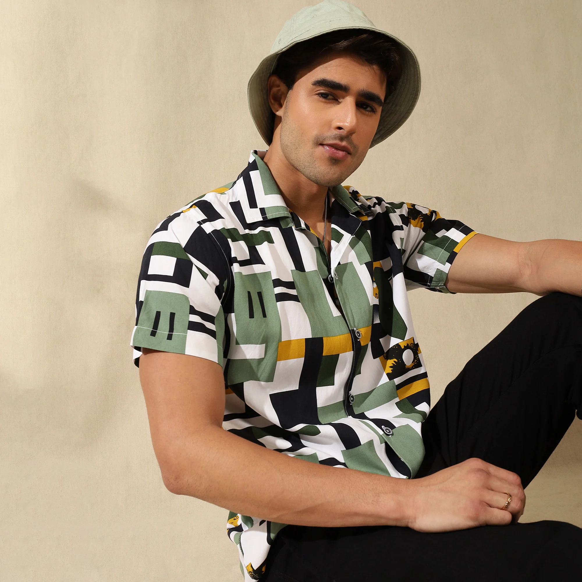 GREEN HALF CASUAL PRINTED COTTON SHIRT REGULAR FIT FOR MEN - Image 4