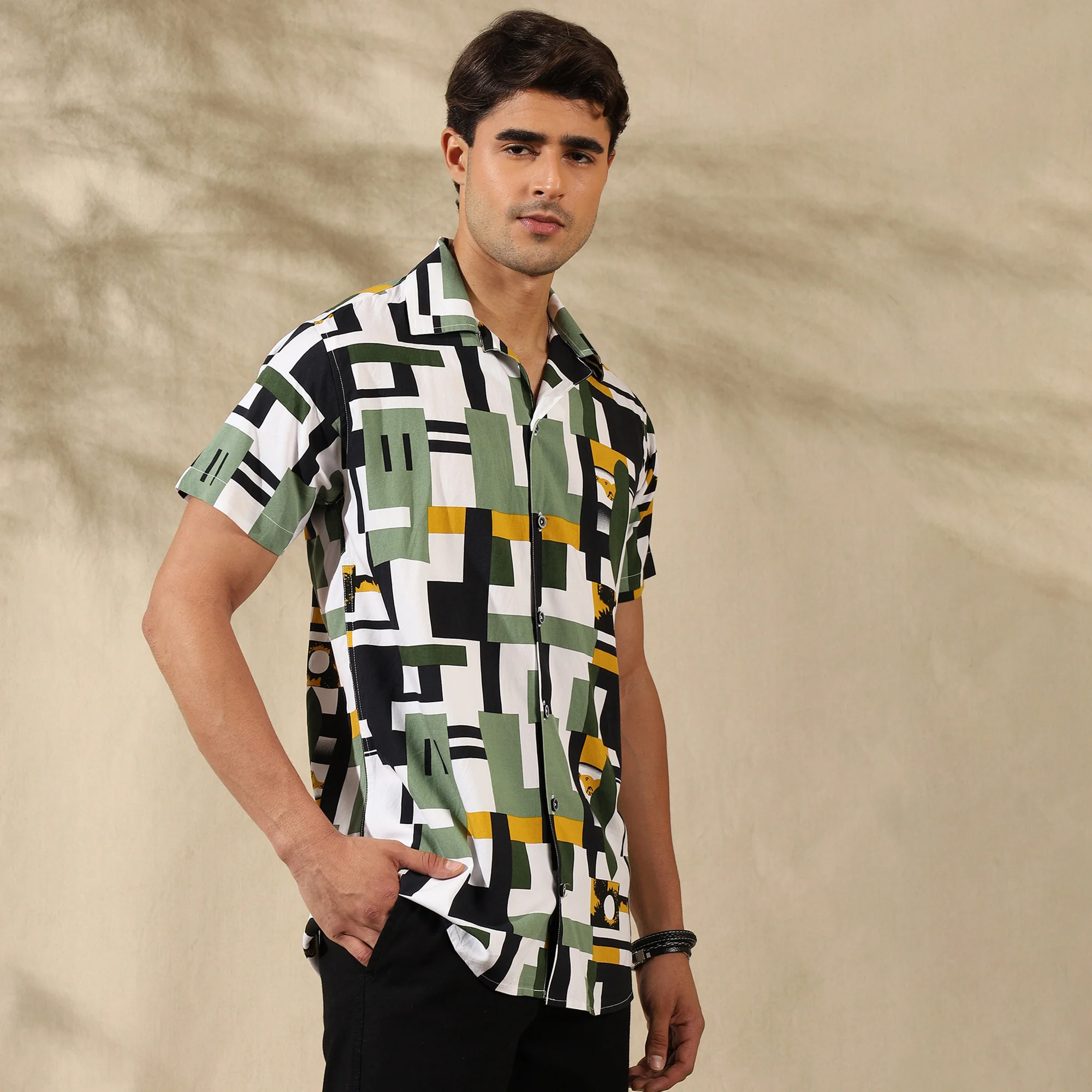 GREEN HALF CASUAL PRINTED COTTON SHIRT REGULAR FIT FOR MEN - Image 5