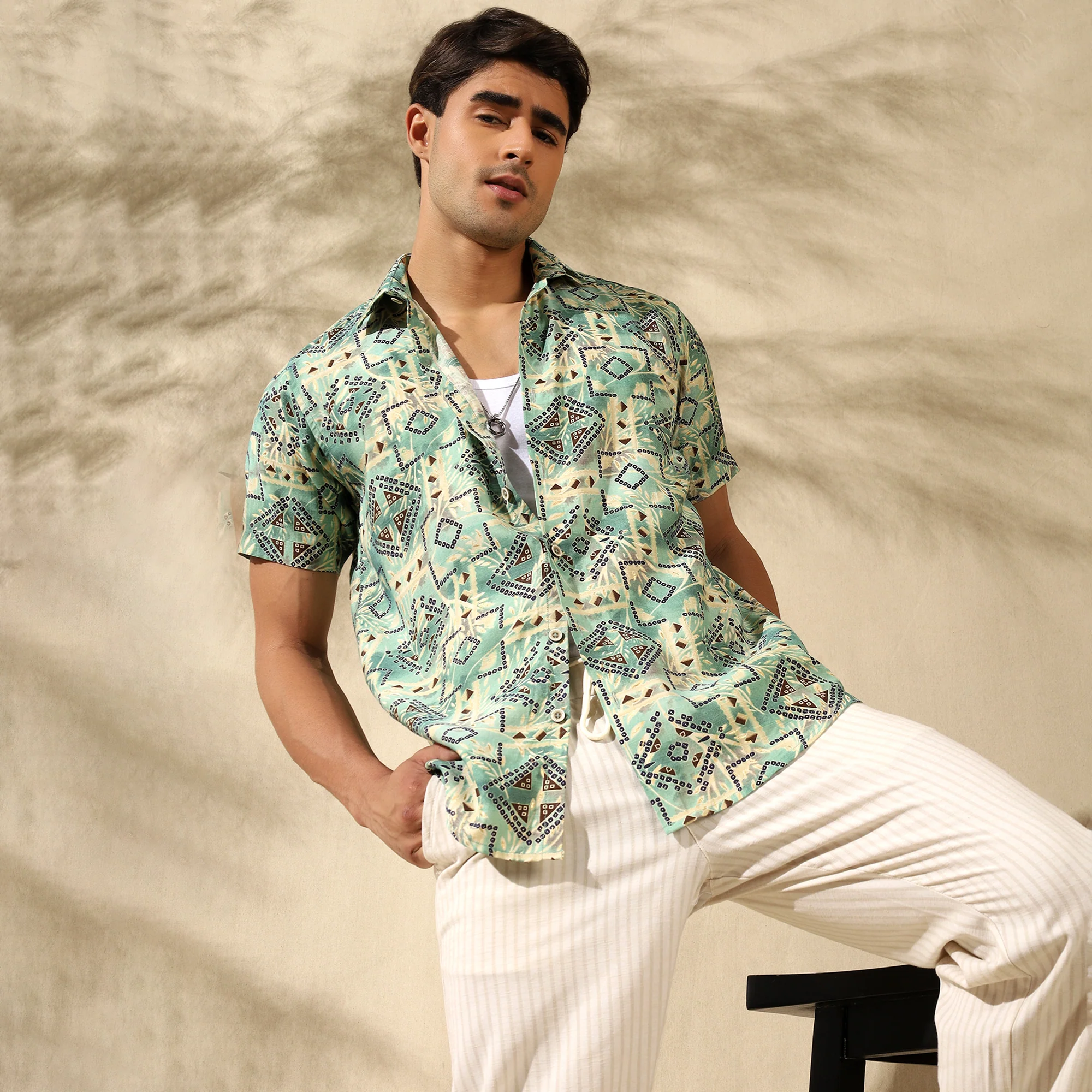 GREEN HALF CASUAL PRINTED COTTON SHIRT REGULAR FIT FOR MEN - Image 6