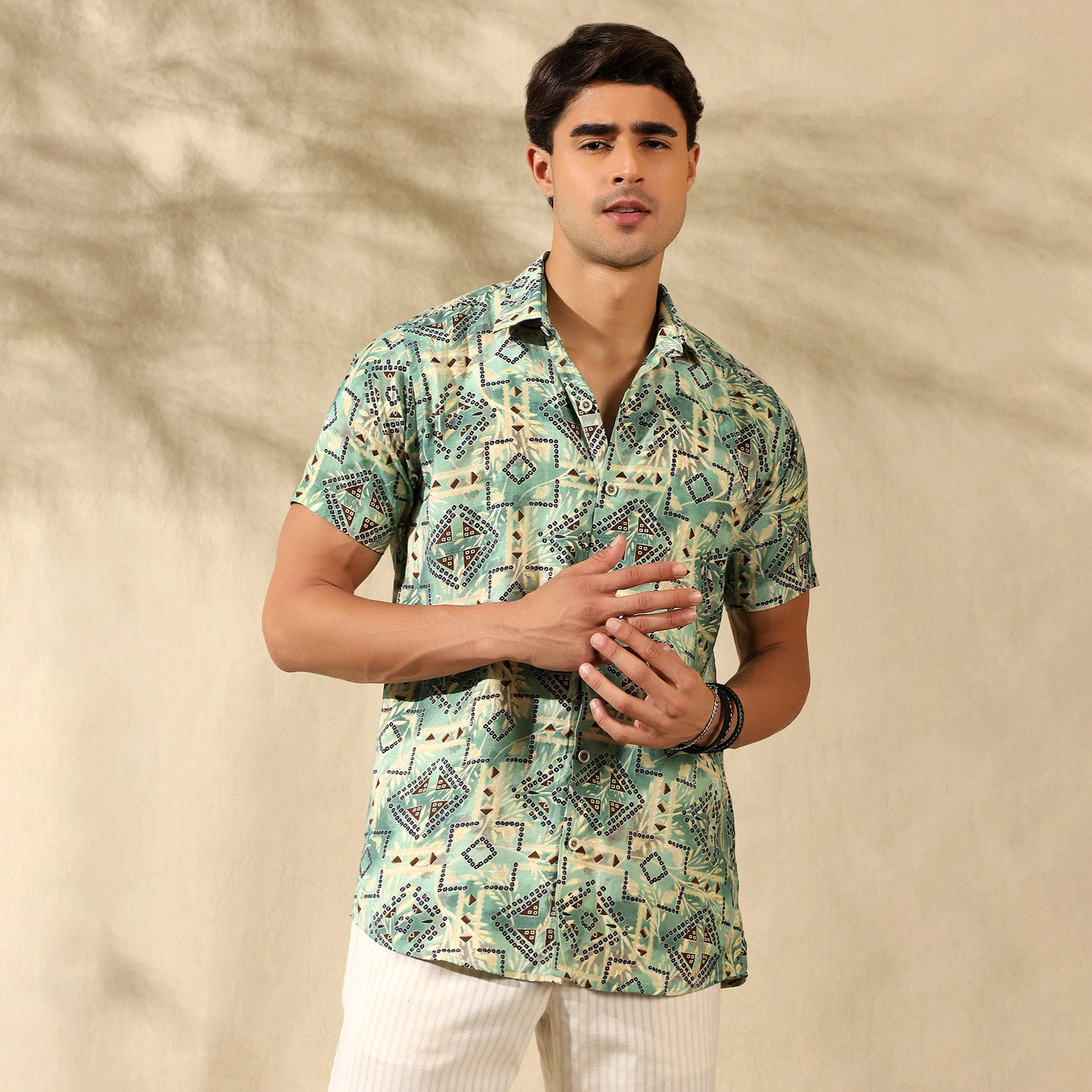 GREEN HALF CASUAL PRINTED COTTON SHIRT REGULAR FIT FOR MEN - Image 7