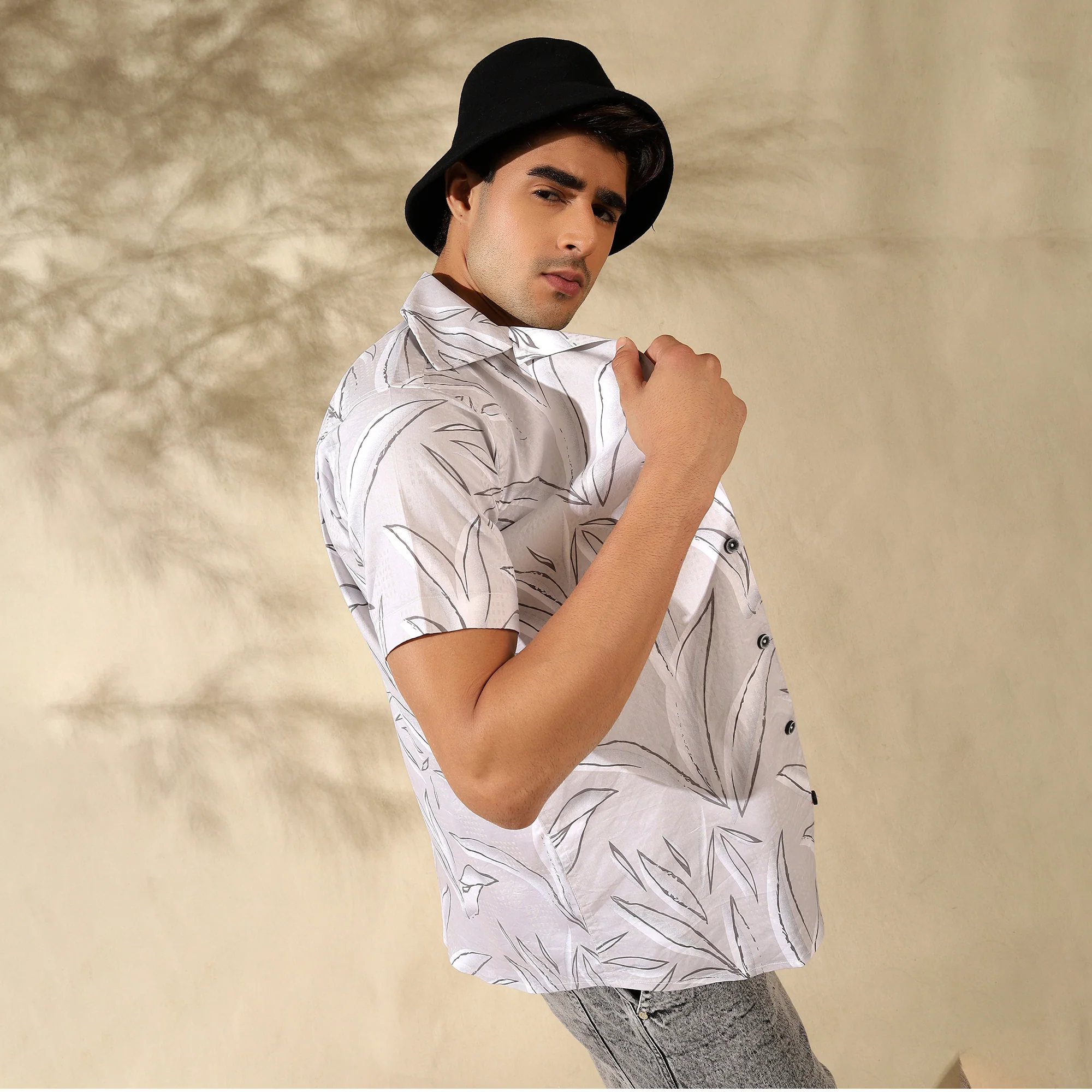 LIGHT GREY HALF CASUAL PRINTED COTTON SHIRT REGULAR FIT FOR MEN - Image 5