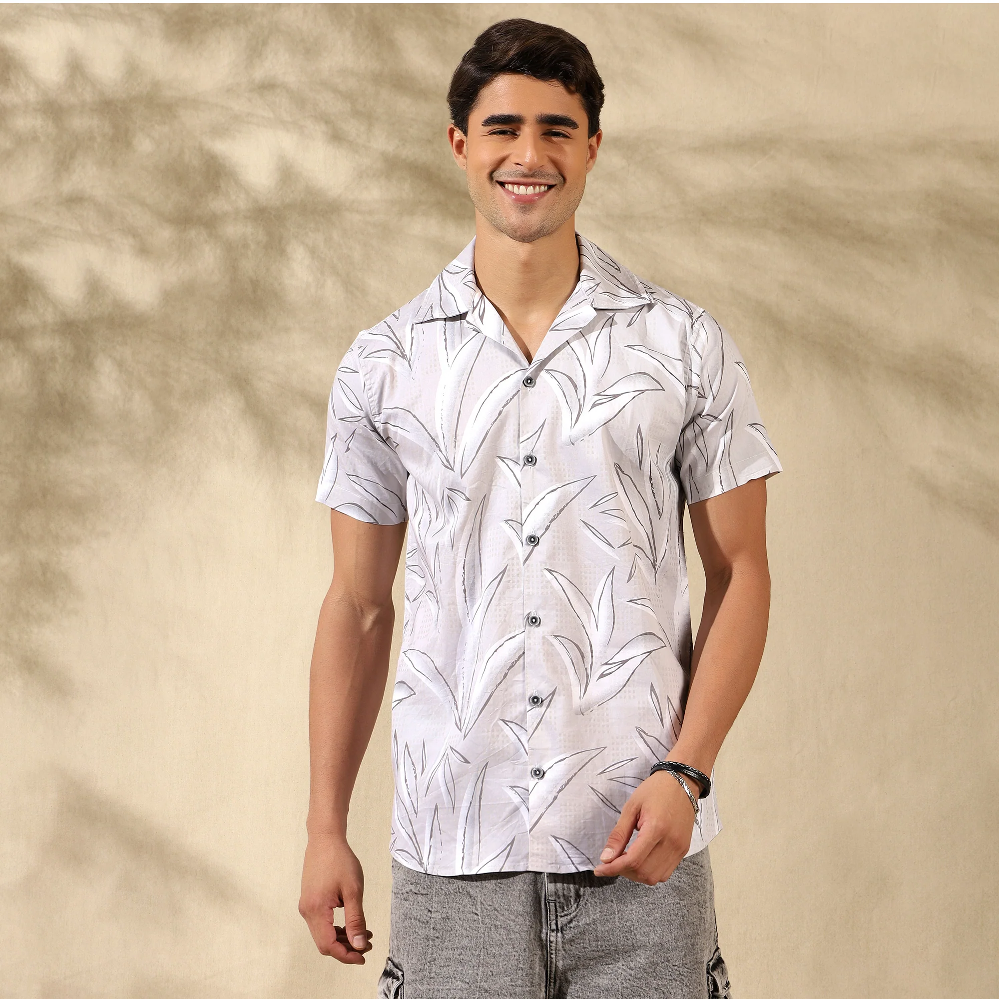 LIGHT GREY HALF CASUAL PRINTED COTTON SHIRT REGULAR FIT FOR MEN - Image 6