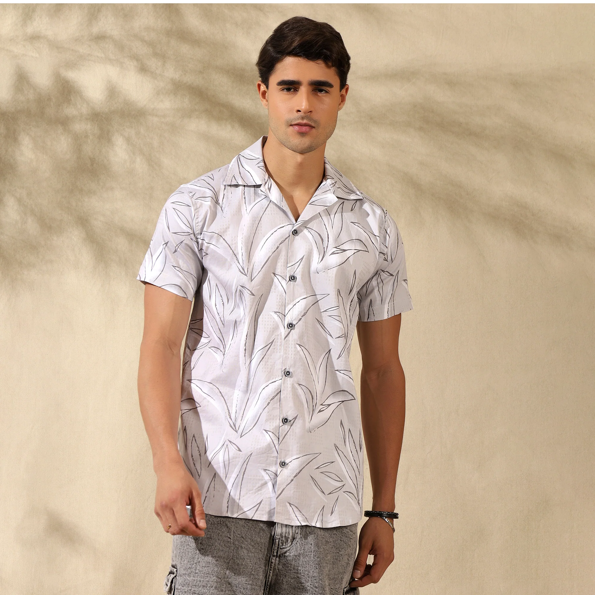 LIGHT GREY HALF CASUAL PRINTED COTTON SHIRT REGULAR FIT FOR MEN - Image 7