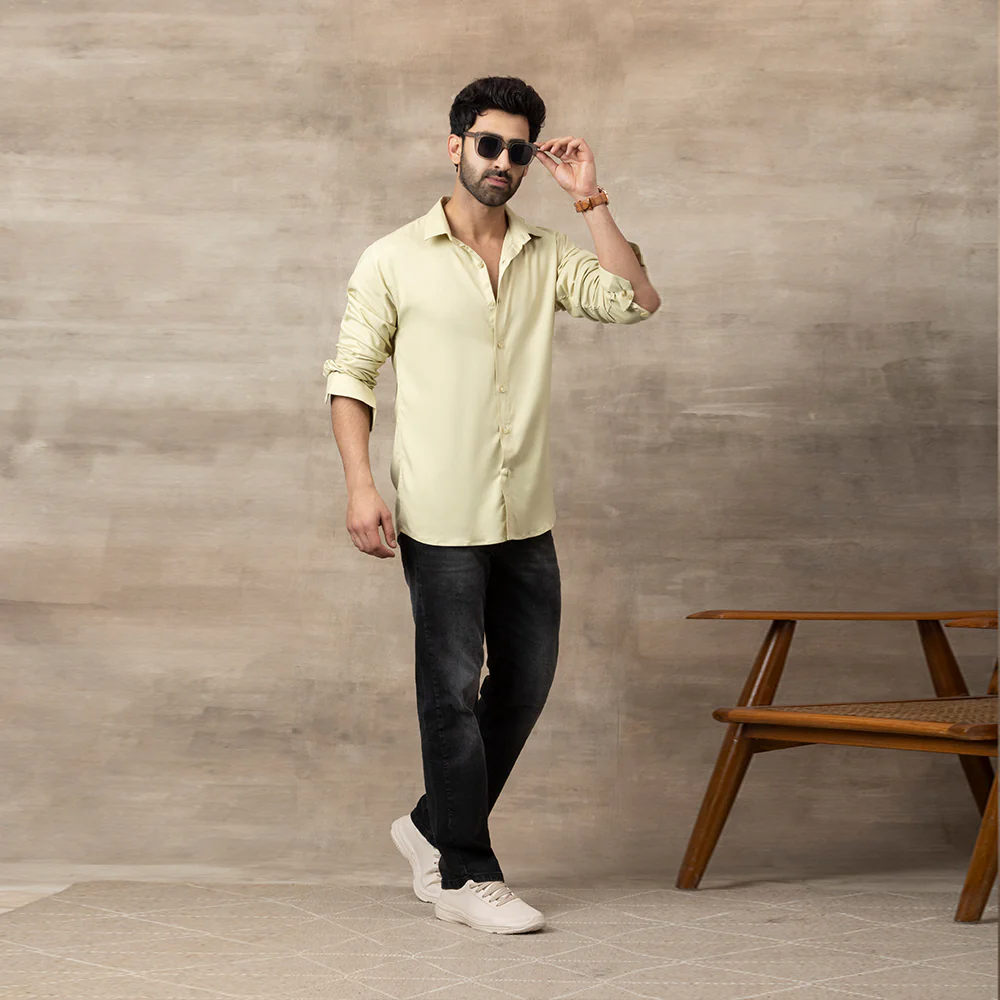 Men Mustang Lycra Soft Stretchable Shirt- Cream Yellow - Image 3