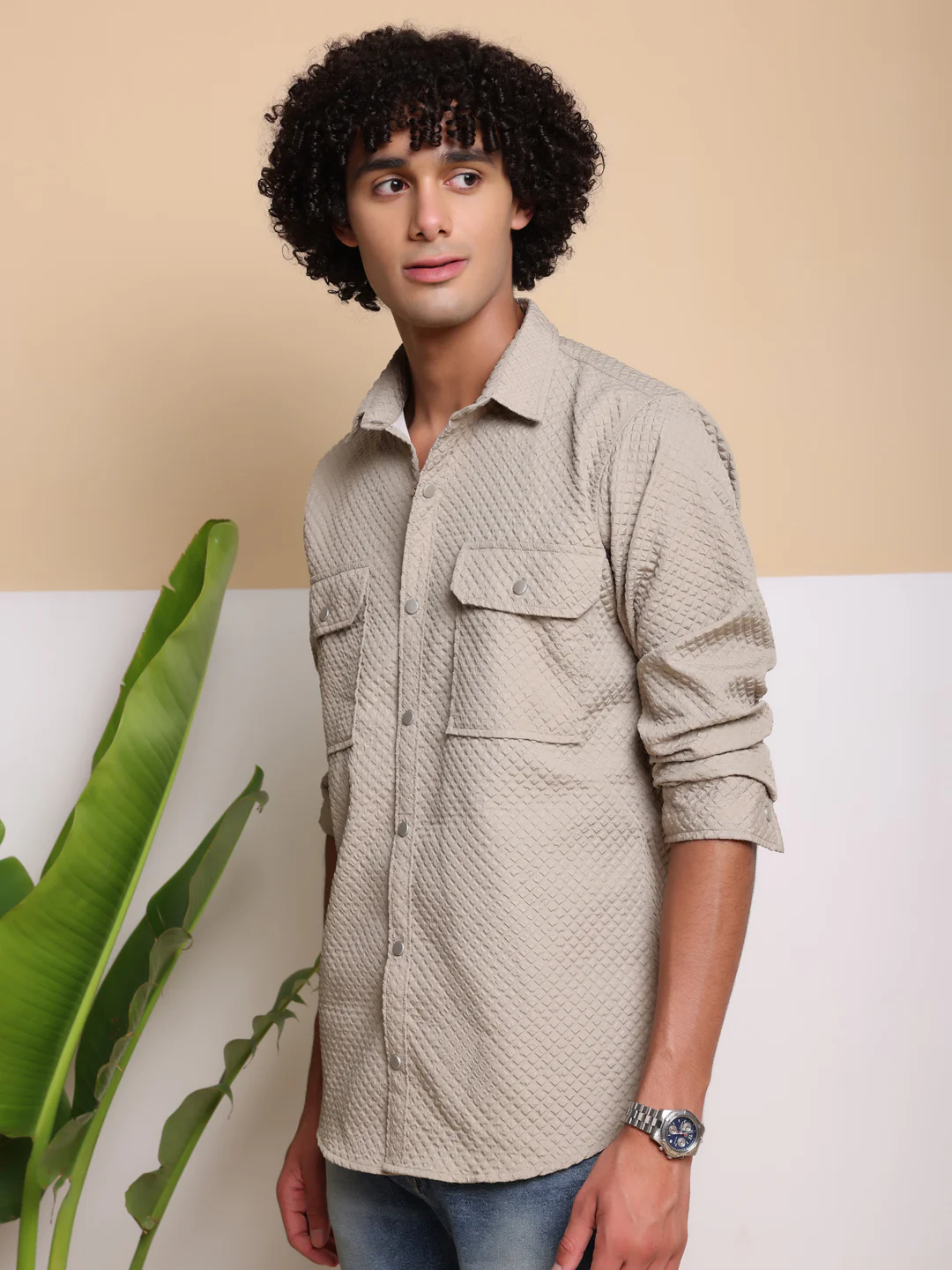Men's Casual Imported Fabric Double Pocket Cargo Shirts - Beige - Image 3