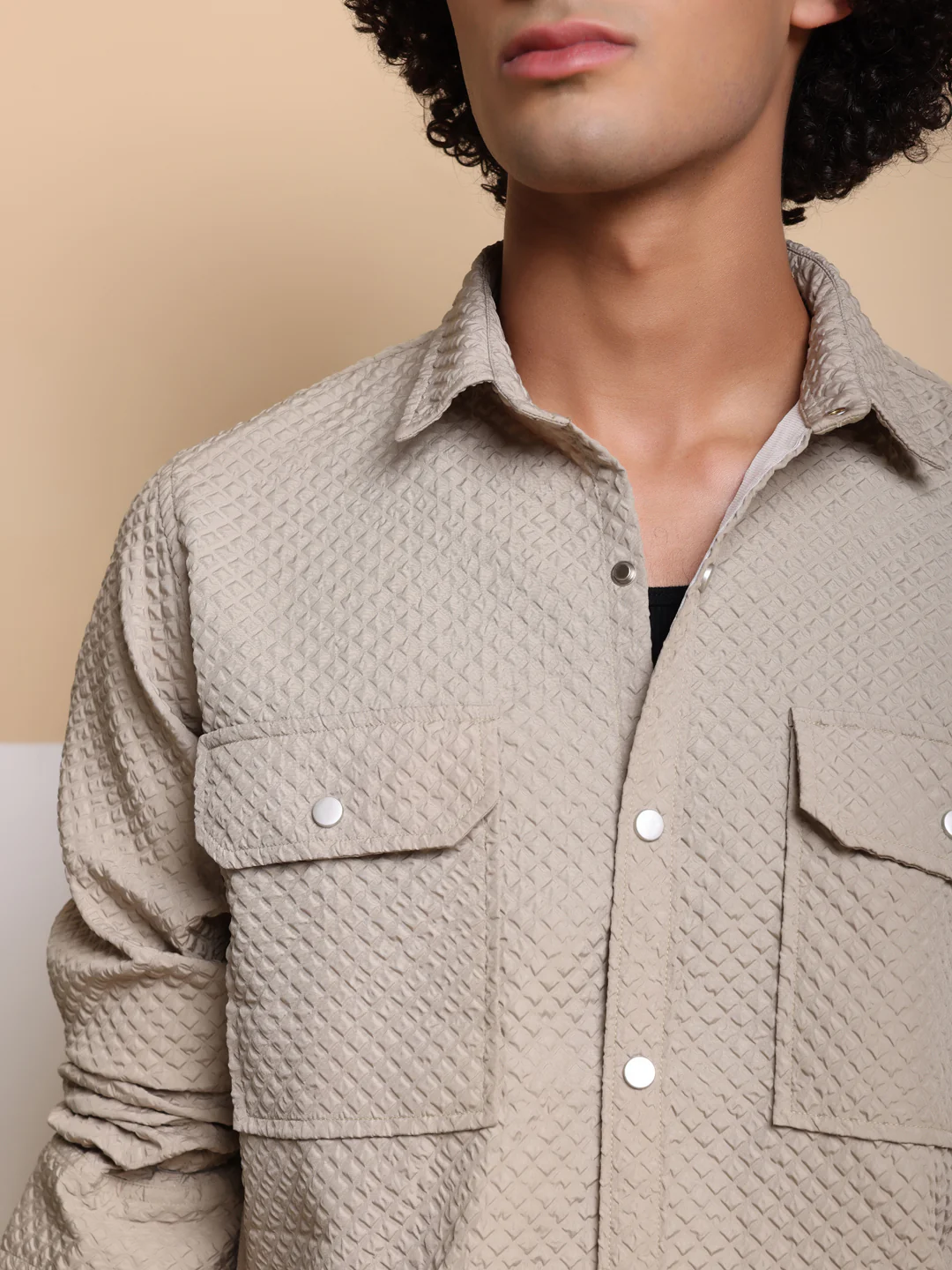 Men's Casual Imported Fabric Double Pocket Cargo Shirts - Beige - Image 4