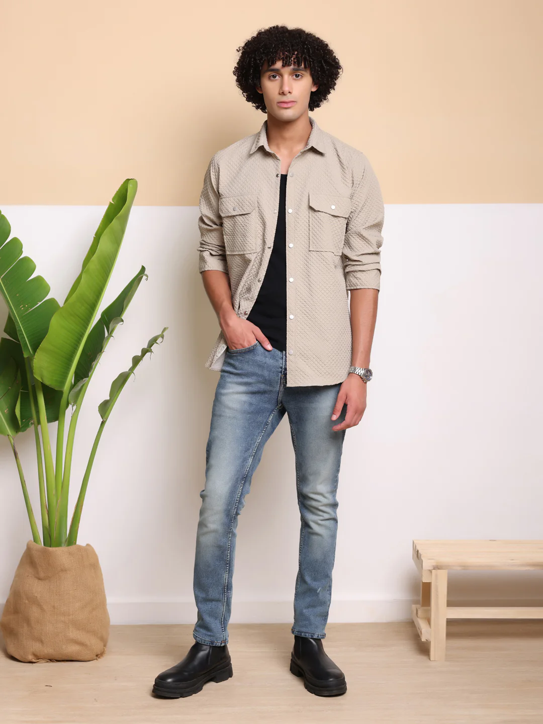 Men's Casual Imported Fabric Double Pocket Cargo Shirts - Beige - Image 5