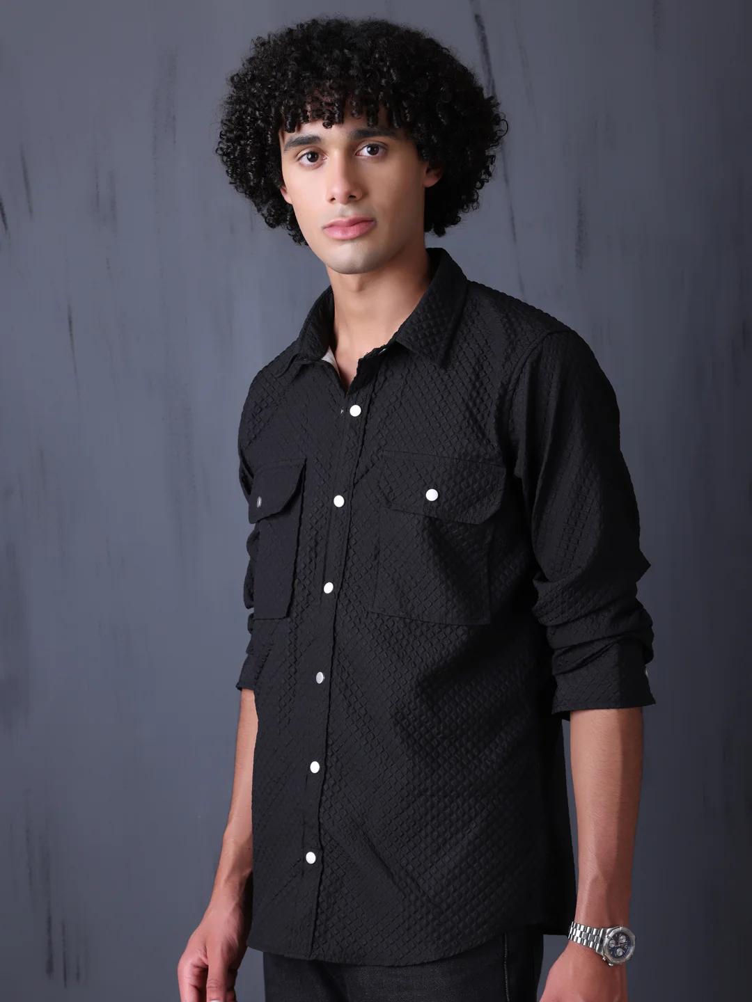 Men's Casual Imported Fabric Double Pocket Cargo Shirts - Black - Image 3